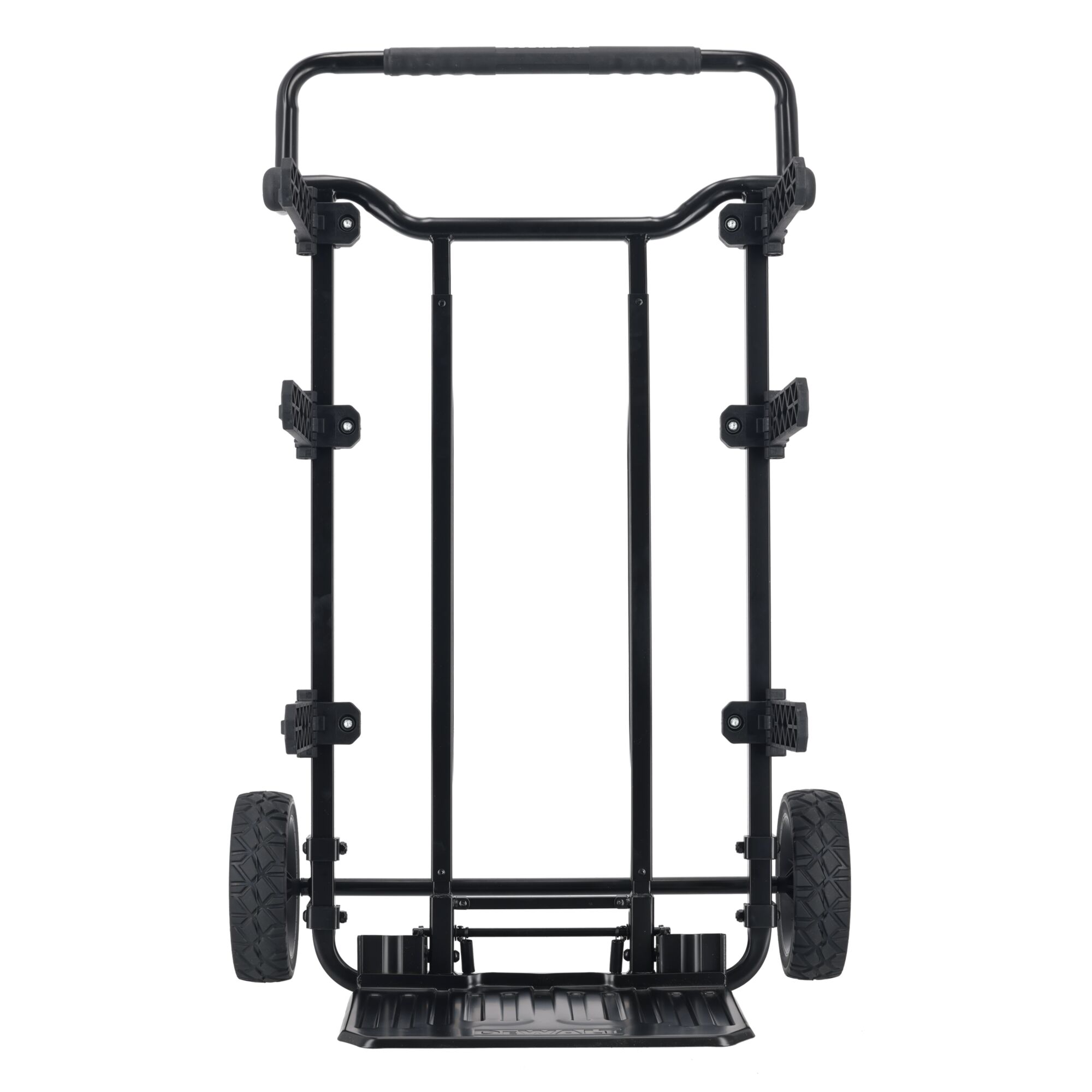 A black DEWALT hand truck with two large wheels and a flat base for carrying items, shown facing forward against a white background.