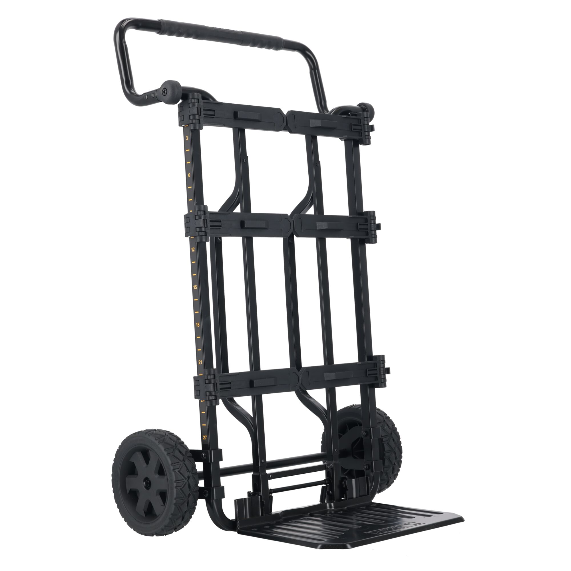 A black foldable hand truck trolley with two large wheels and an extendable handle. The trolley is designed for carrying heavy loads, featuring a sturdy frame and a wide base plate.