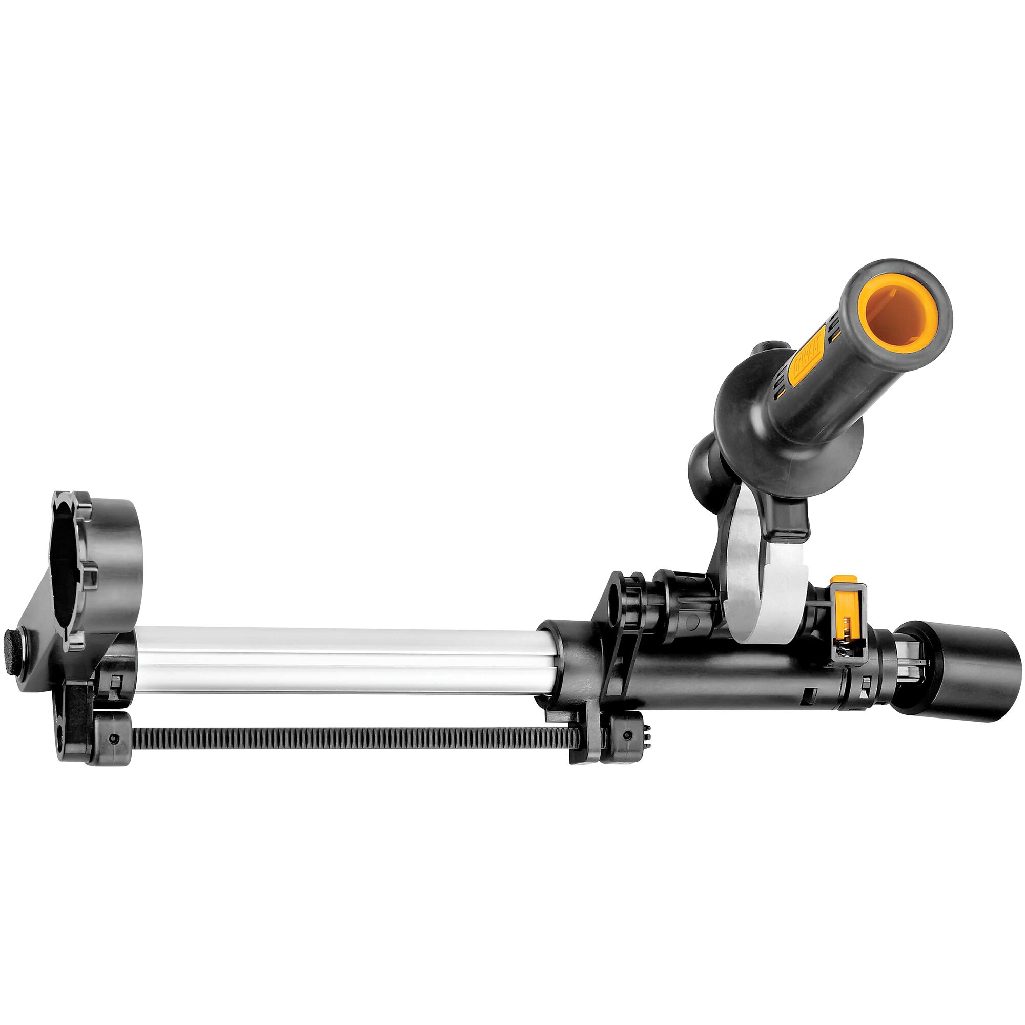 A DEWALT D25301D dust extraction attachment for rotary hammers, shown in a side profile. The tool features black and silver parts, a tubular extension, and an orange accent on the handle. The attachment is designed for efficient dust collection during drilling.