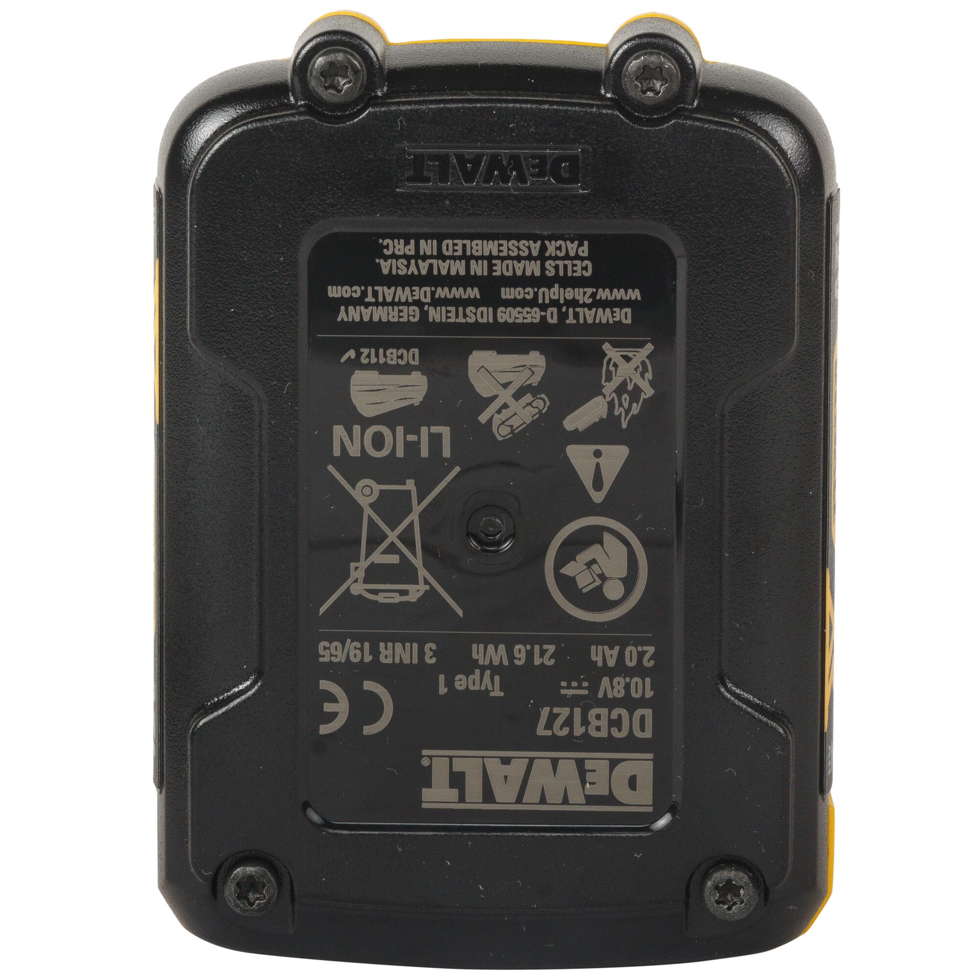 DEWALT DCB127 rechargeable lithium-ion battery pack featuring product information and safety icons on the label. The pack is black with visible screws and yellow branding.