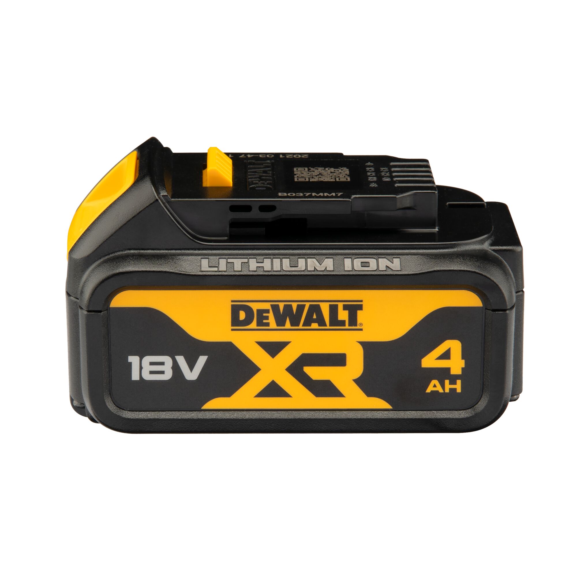 A DEWALT XR 18V 4Ah lithium-ion battery for power tools, shown in black and yellow with branding and specifications displayed on its side.