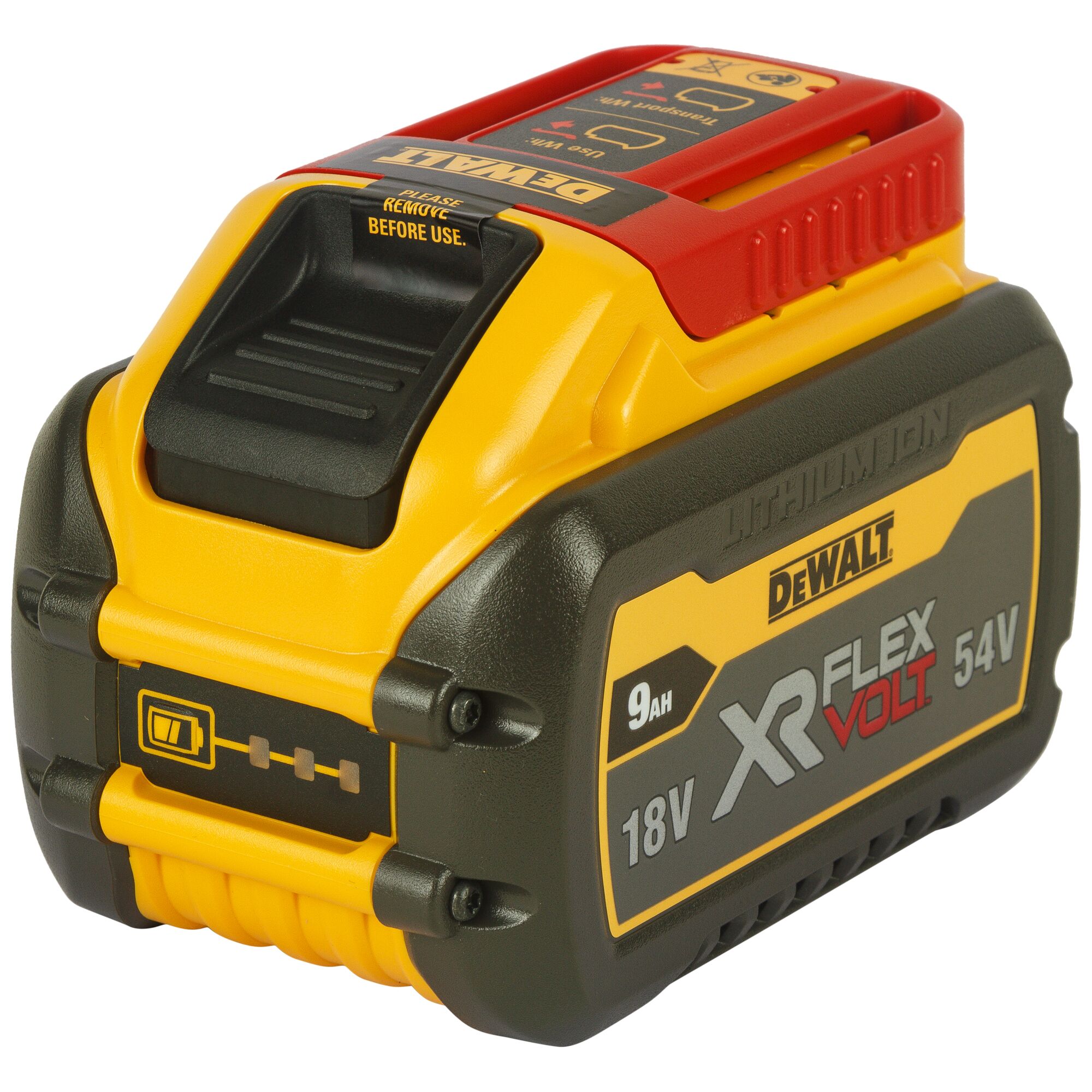 A close-up image of a DEWALT XR FLEXVOLT battery model DCB547, featuring 9Ah capacity and 18/54V voltage, designed for cordless power tools.