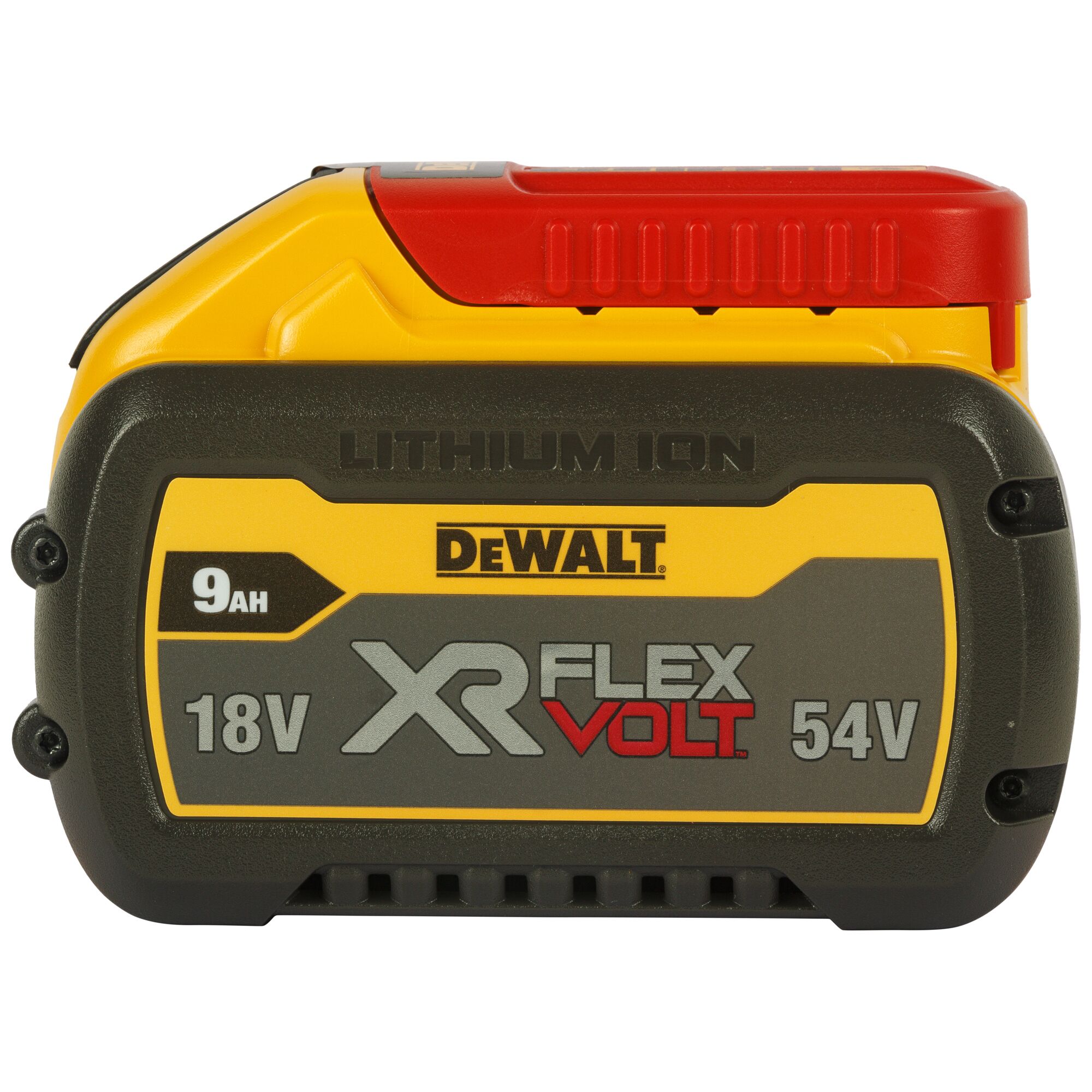 A DeWalt XR FlexVolt lithium-ion battery with a capacity of 9Ah, suitable for 18V and 54V power tools. The battery has a yellow, black, and red casing.