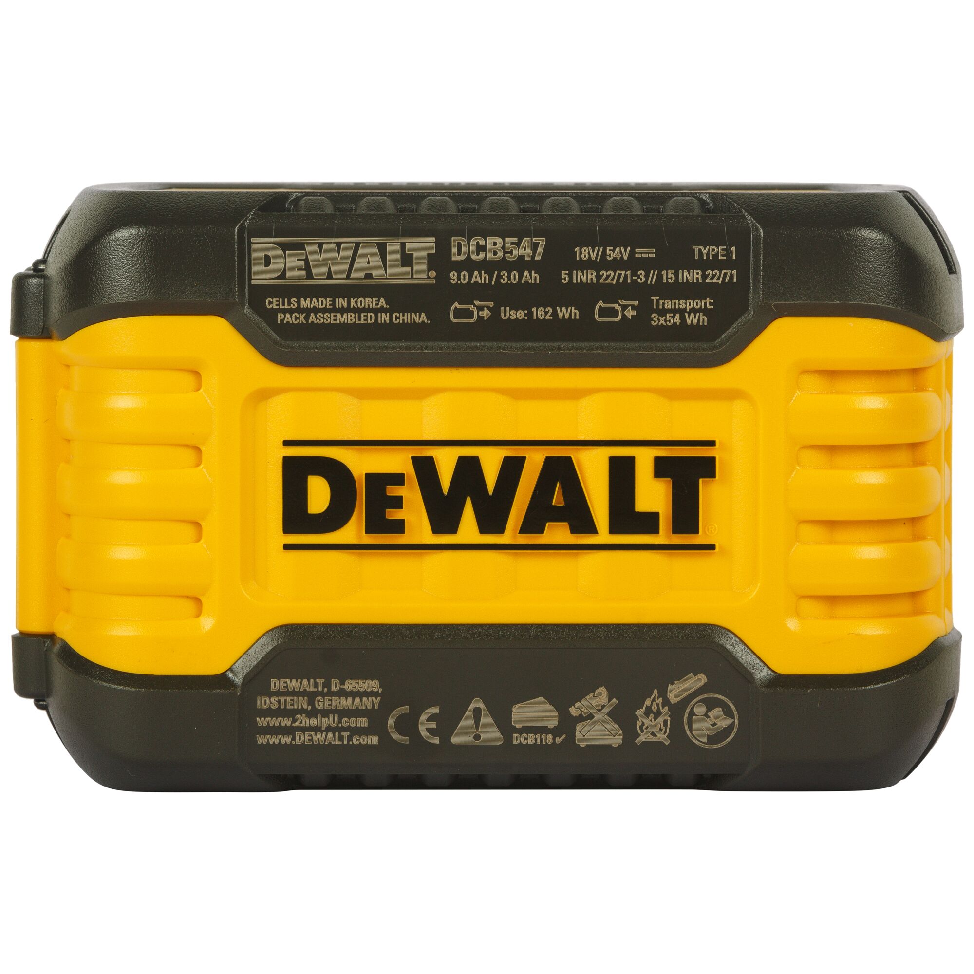 Close-up image of a DEWALT DCB547 battery pack in yellow and black color. The battery is labeled with specifications such as 18V/54V, 9.0Ah/3.0Ah, and 162Wh. The DEWALT logo is prominently displayed on the front.