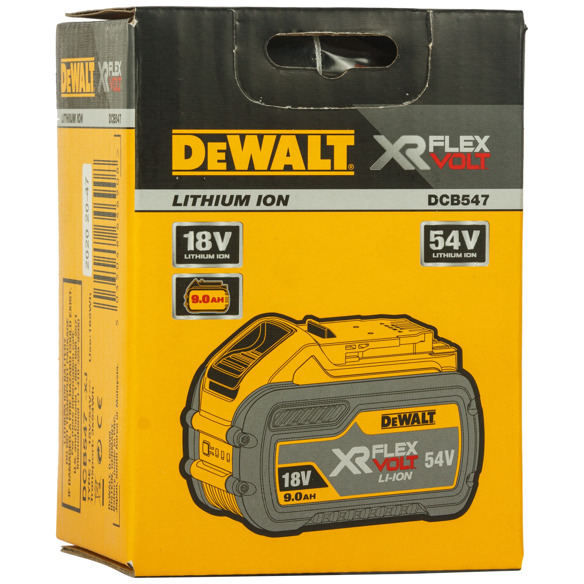 Packaging of a DEWALT XR FLEXVOLT Lithium Ion battery, model DCB547, showing specifications of 18V and 54V with 9.0Ah capacity. The box is yellow and black with product illustrations and branding.