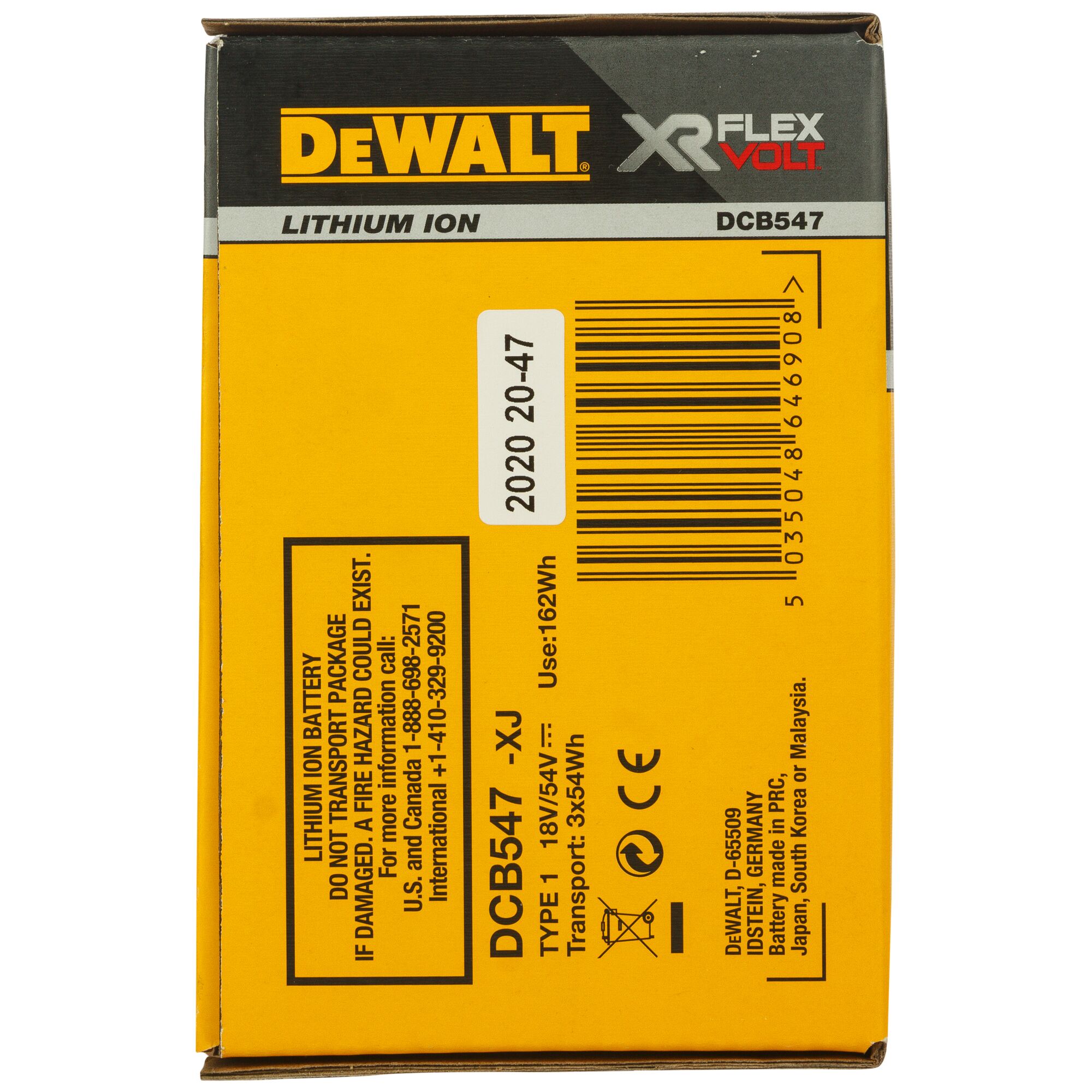 Box of DEWALT XR FLEXVOLT lithium ion battery, model DCB547, with barcode and safety information printed on the side.