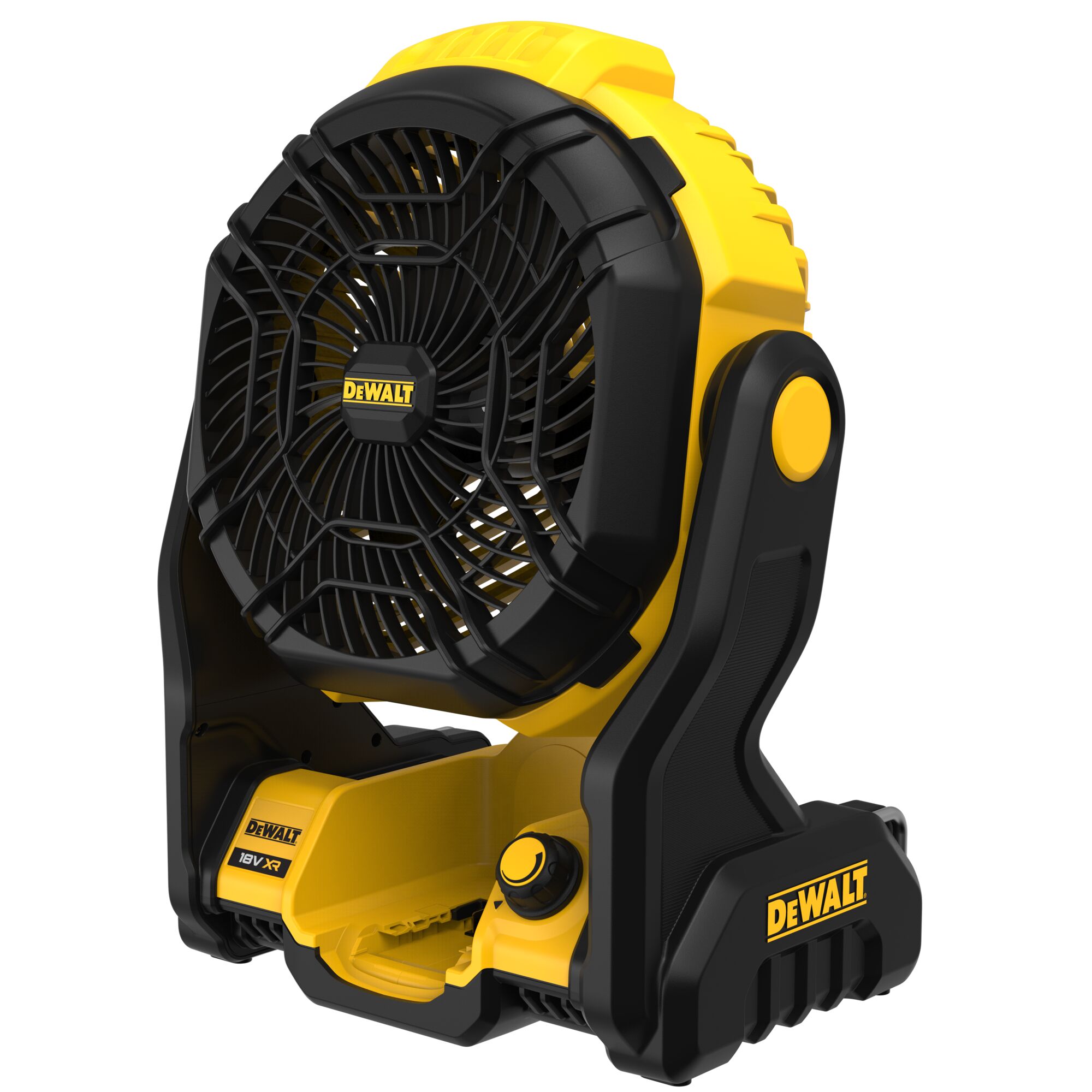 A portable DEWALT battery-powered fan with a black and yellow design, featuring a handle and adjustable base for easy positioning.