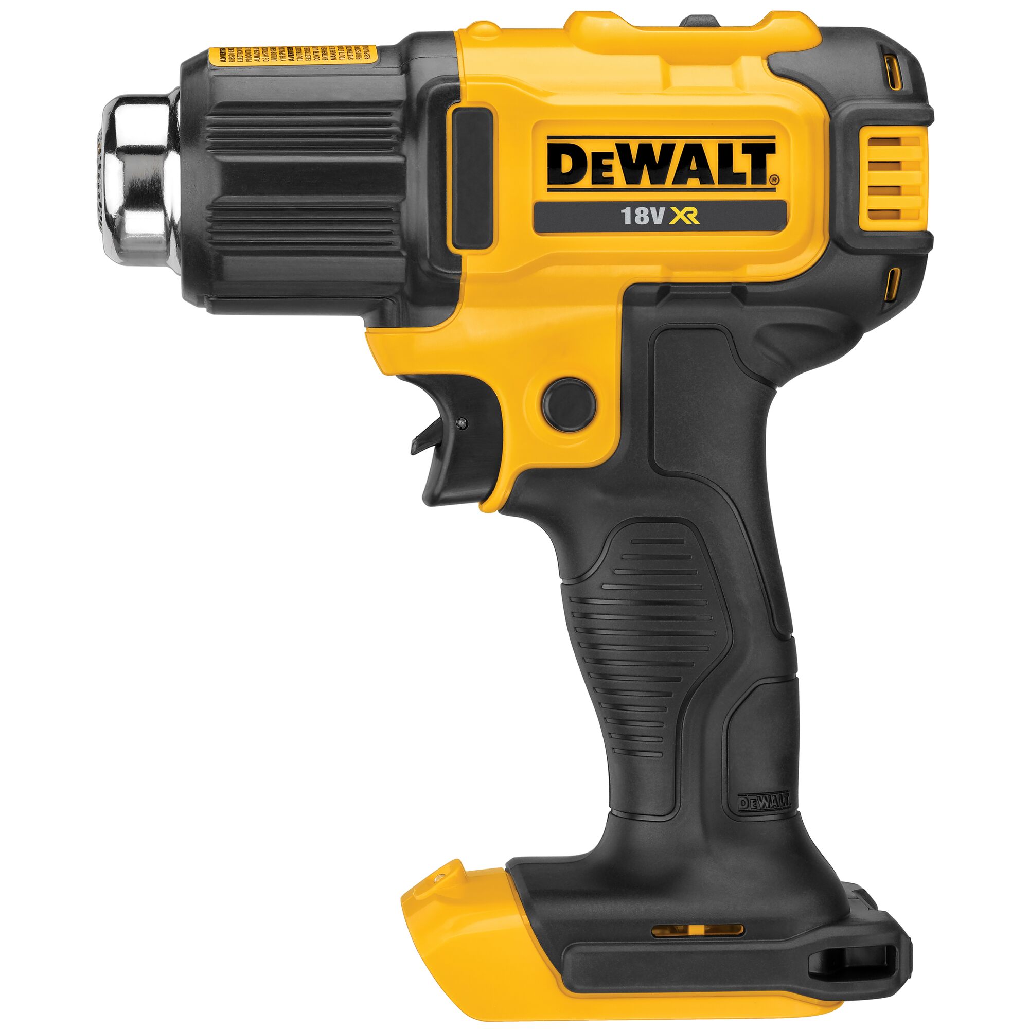 A DEWALT 18V XR cordless heat gun in yellow and black, shown from the side.