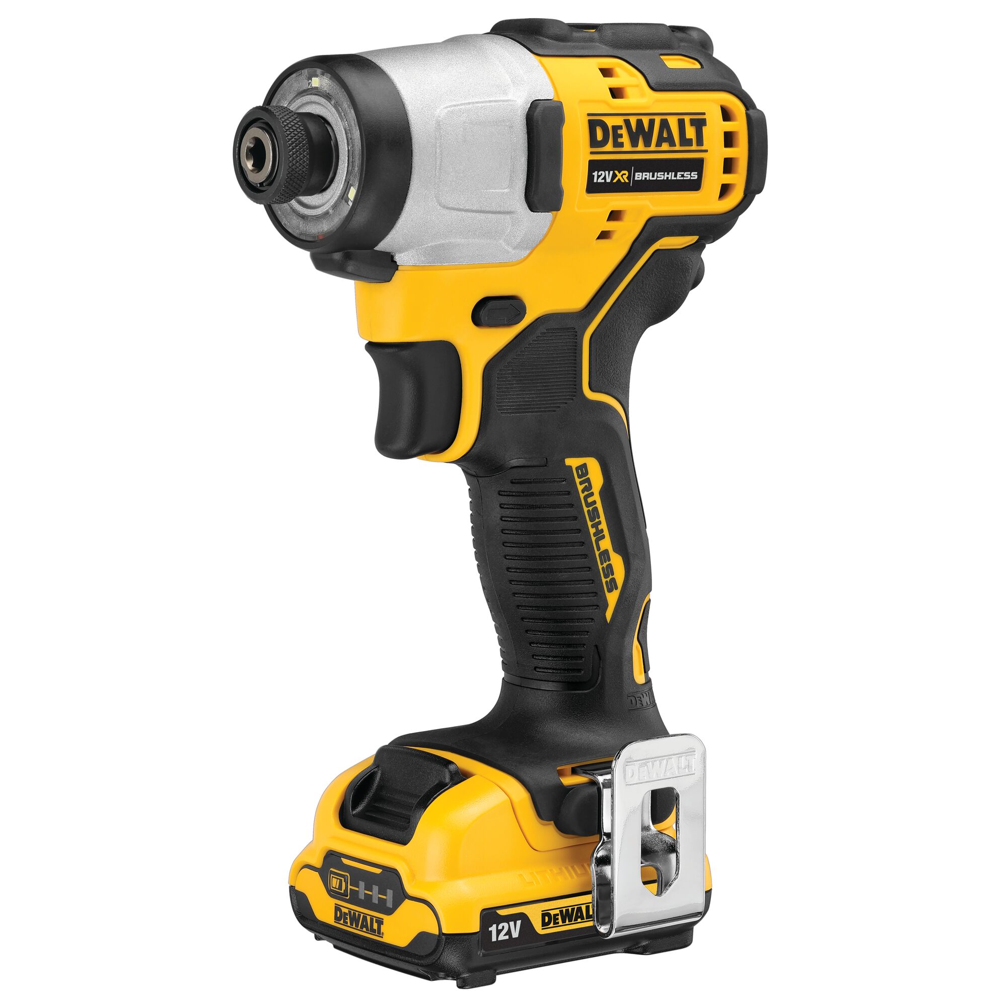 A Dewalt 12V brushless cordless impact driver with a yellow and black design, featuring a compact body and metal clip on the side.