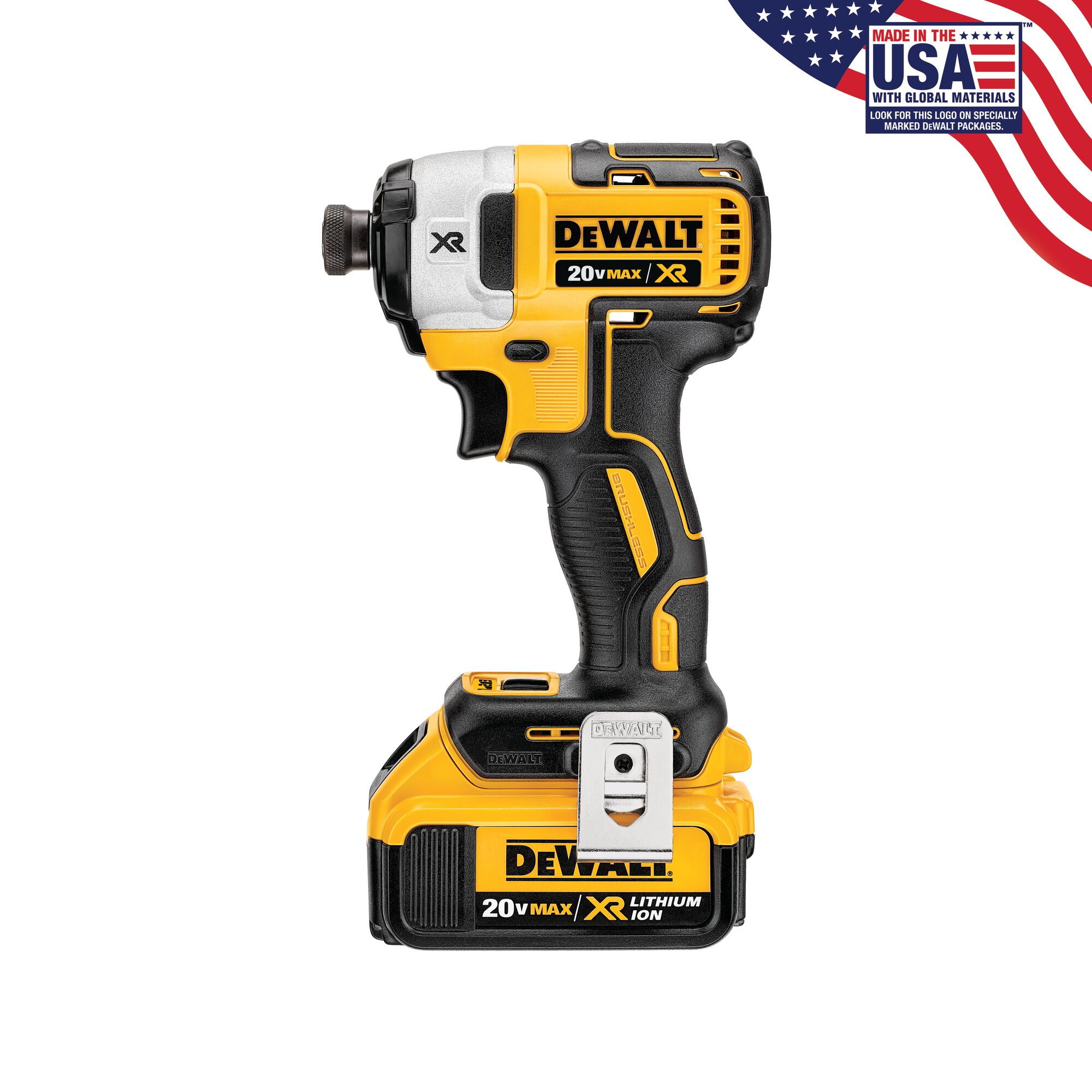 XR 3-speed impact driver 4 AMP hours with made in USA with global materials logo.
