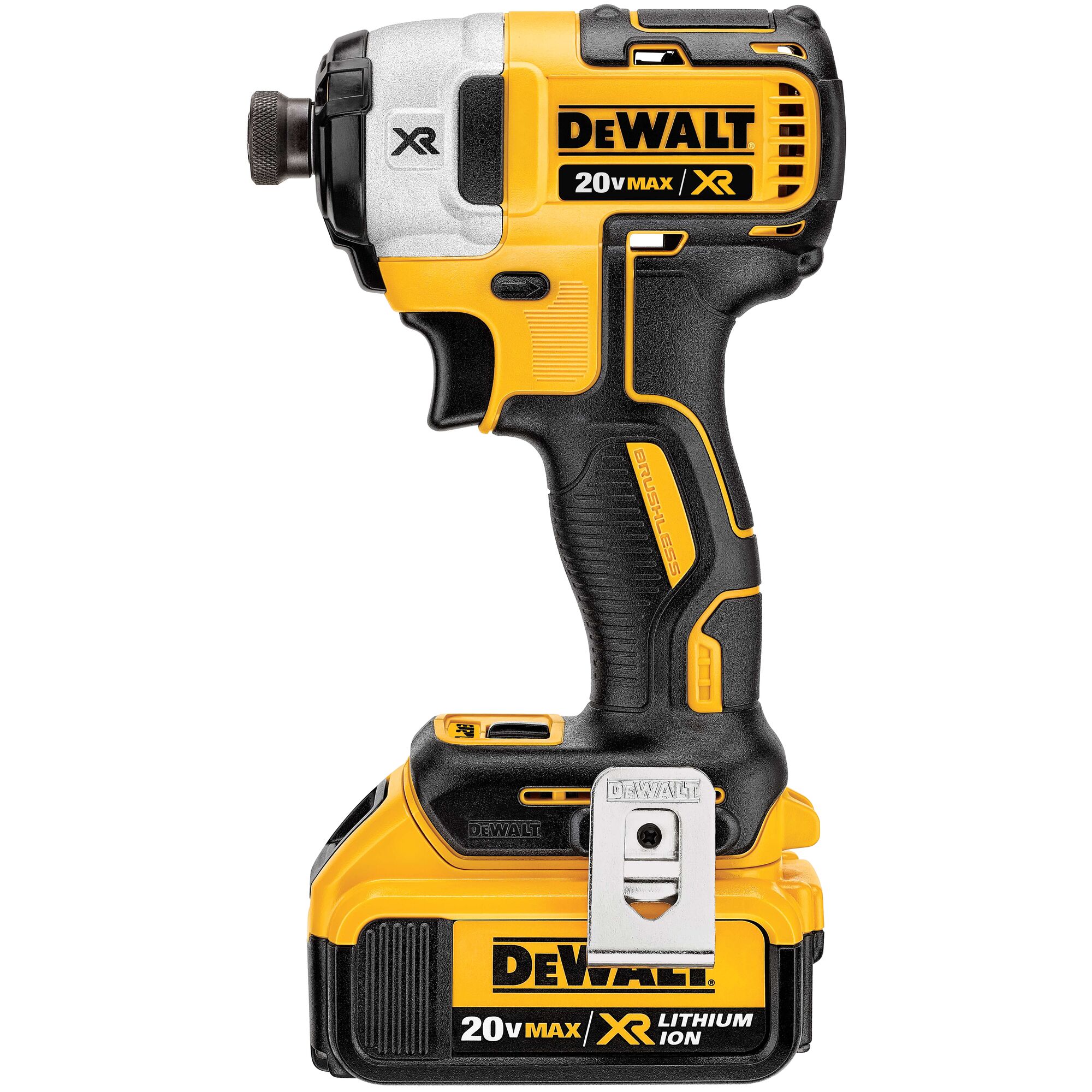 Cordless DEWALT 20V Max XR lithium-ion impact driver with black and yellow design and ergonomic handle.
