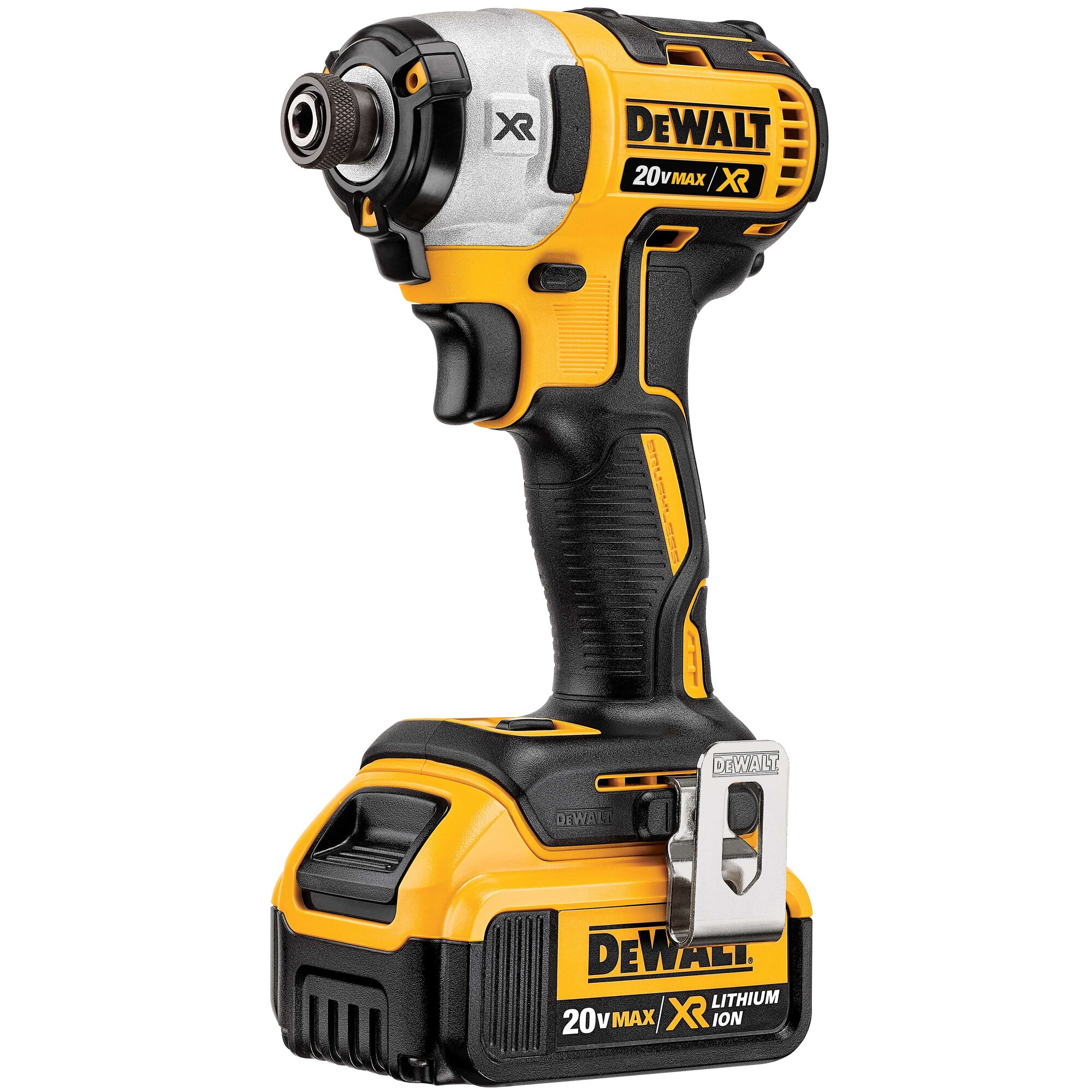 A DEWALT 20V Max XR cordless impact driver with a lithium-ion battery, shown standing upright. The tool is primarily yellow and black, and features a compact, ergonomic design with a metal belt clip attached.