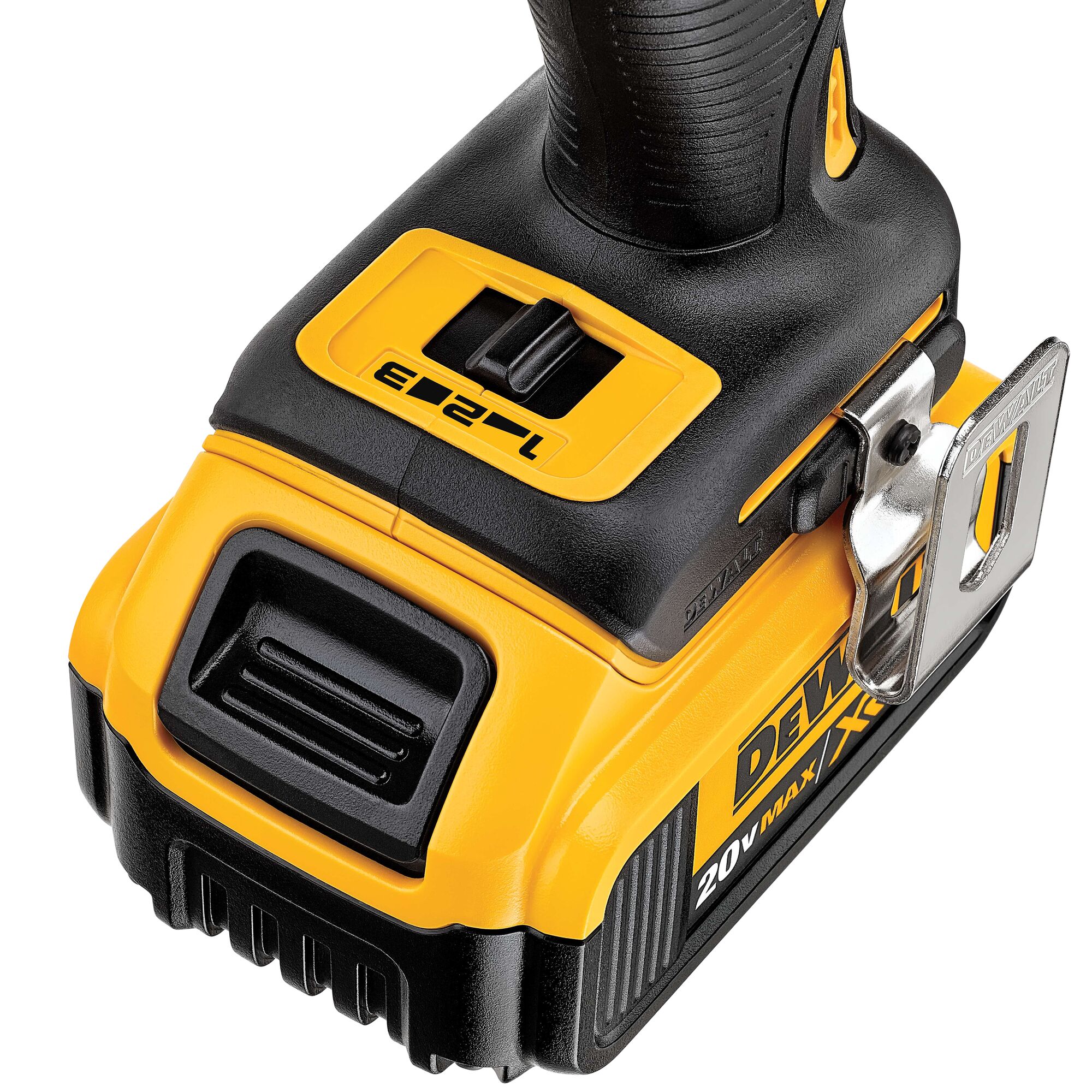 Close-up of the DEWALT DCF887M2 cordless power tool handle and battery pack, showing part of the grip, speed settings, metal belt clip, and the yellow and black design with 20V MAX branding.