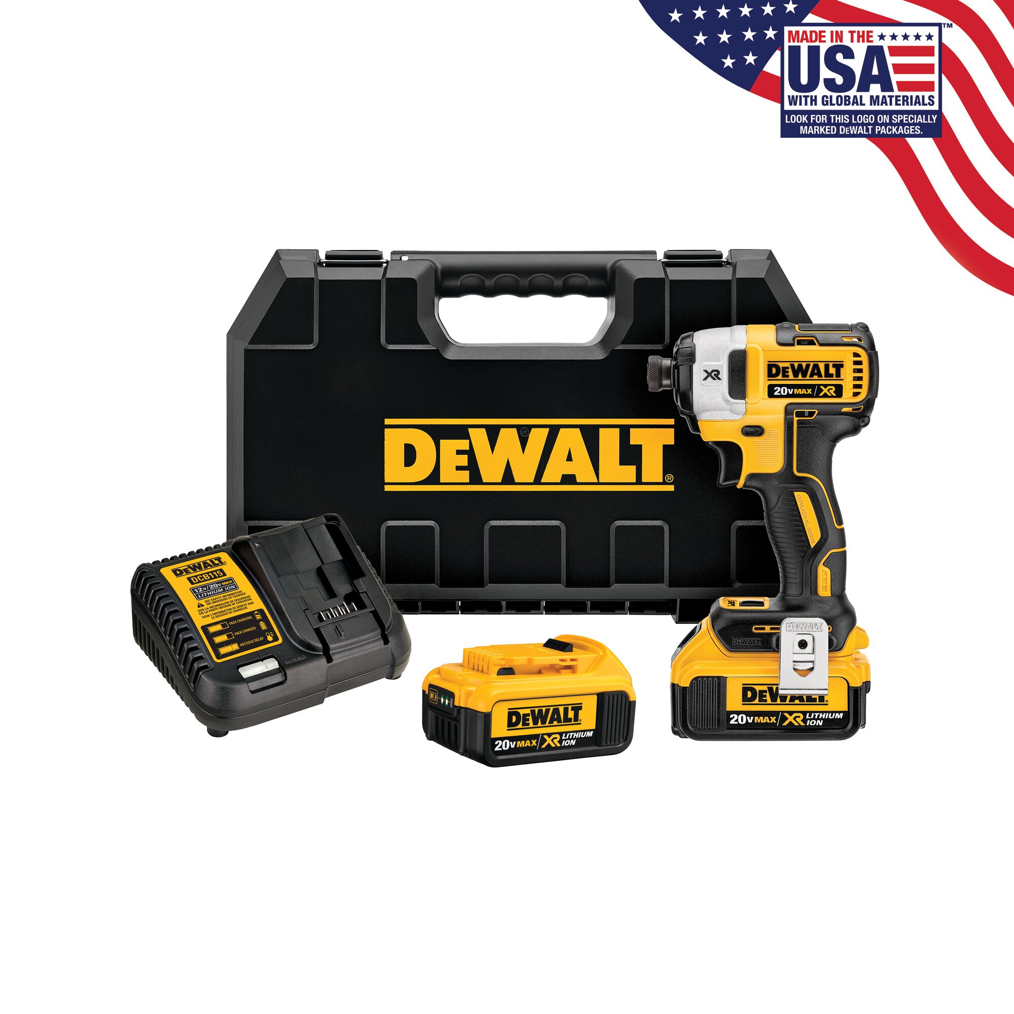DEWALT cordless impact driver kit including a carrying case, battery charger, two 20V lithium-ion batteries, and the impact driver, displayed in front of a black and yellow case. There is a USA flag graphic in the top right corner, indicating the product is made in the USA with global materials.
