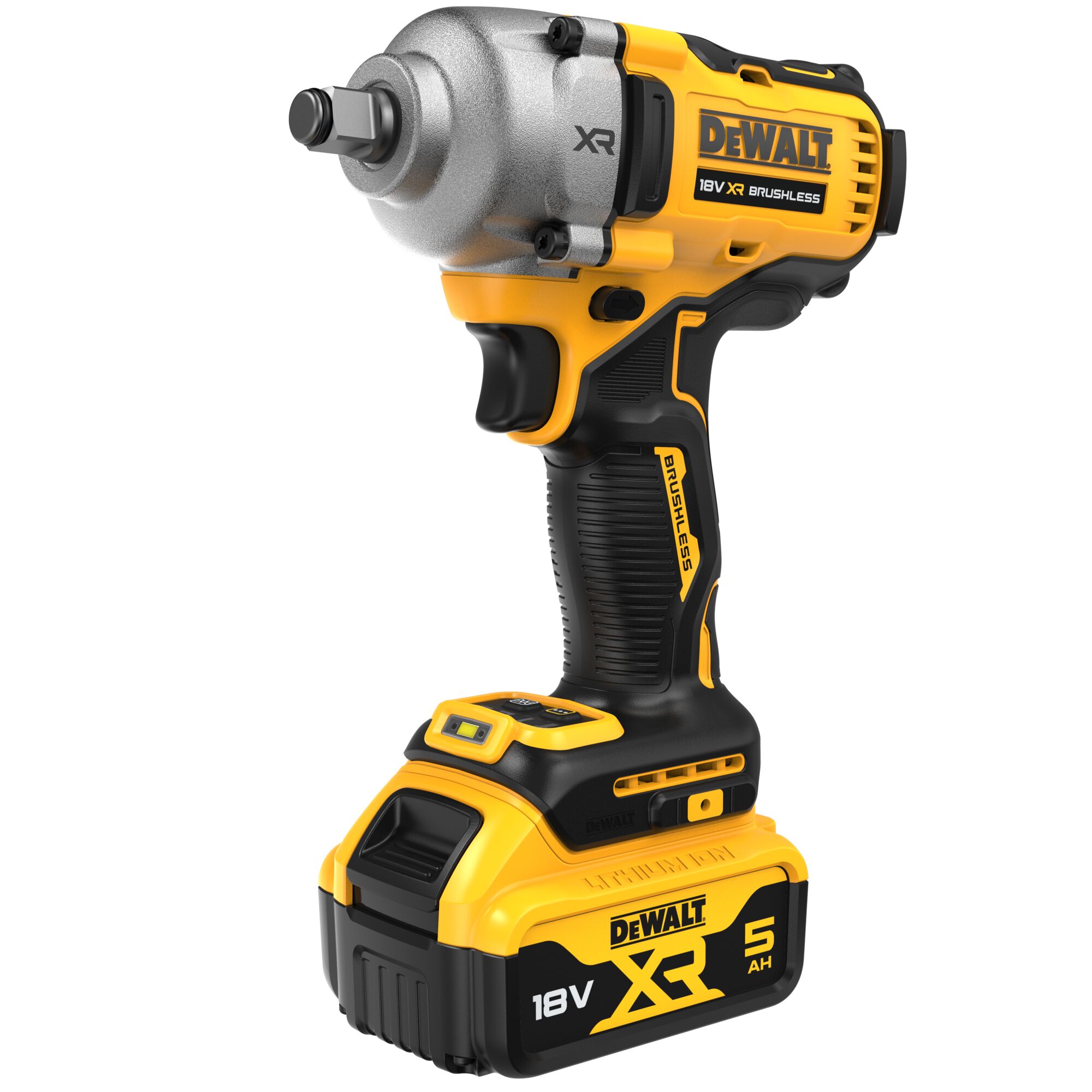 A DEWALT 18V XR brushless impact wrench with a 5 Ah lithium-ion battery. The tool is shown standing upright, featuring a yellow and black design, and labelled with the DEWALT logo.