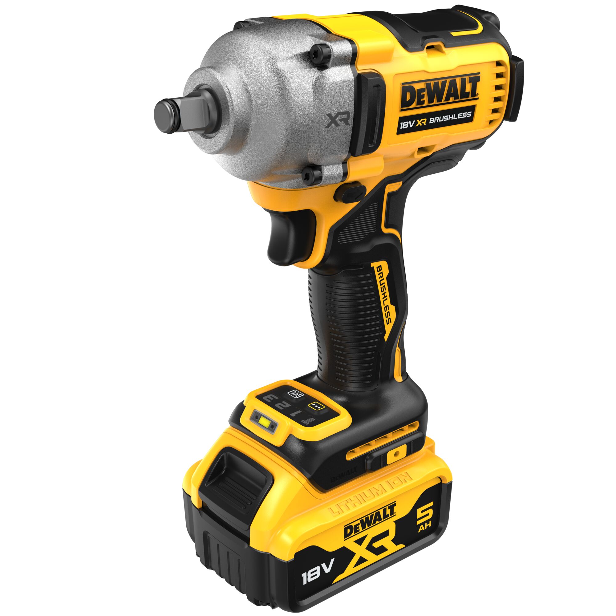 A DEWALT 18V XR brushless cordless impact wrench with a yellow and black design, featuring a lithium-ion battery pack at the base.