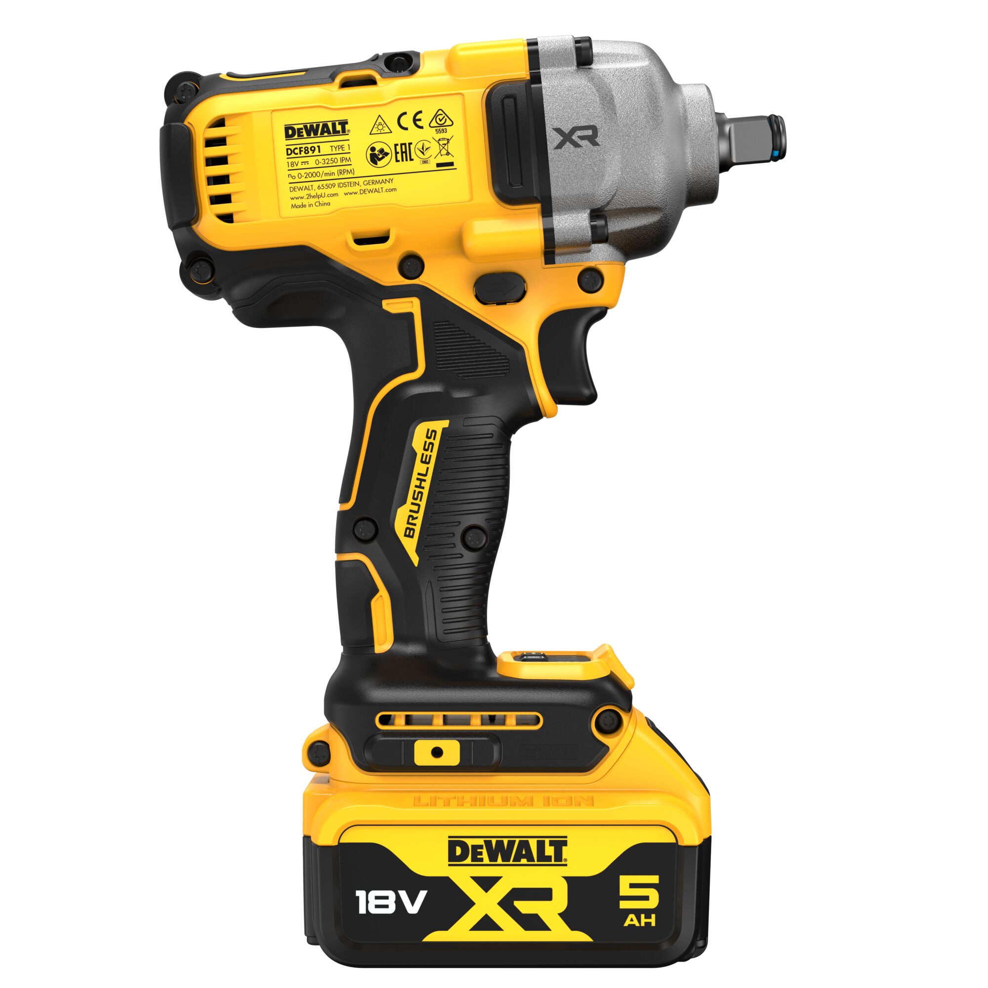 A DEWALT DCF891P2T 18V XR cordless impact wrench with a brushless motor, shown with a 5Ah lithium-ion battery attached. The tool features yellow and black design elements and DEWALT branding.