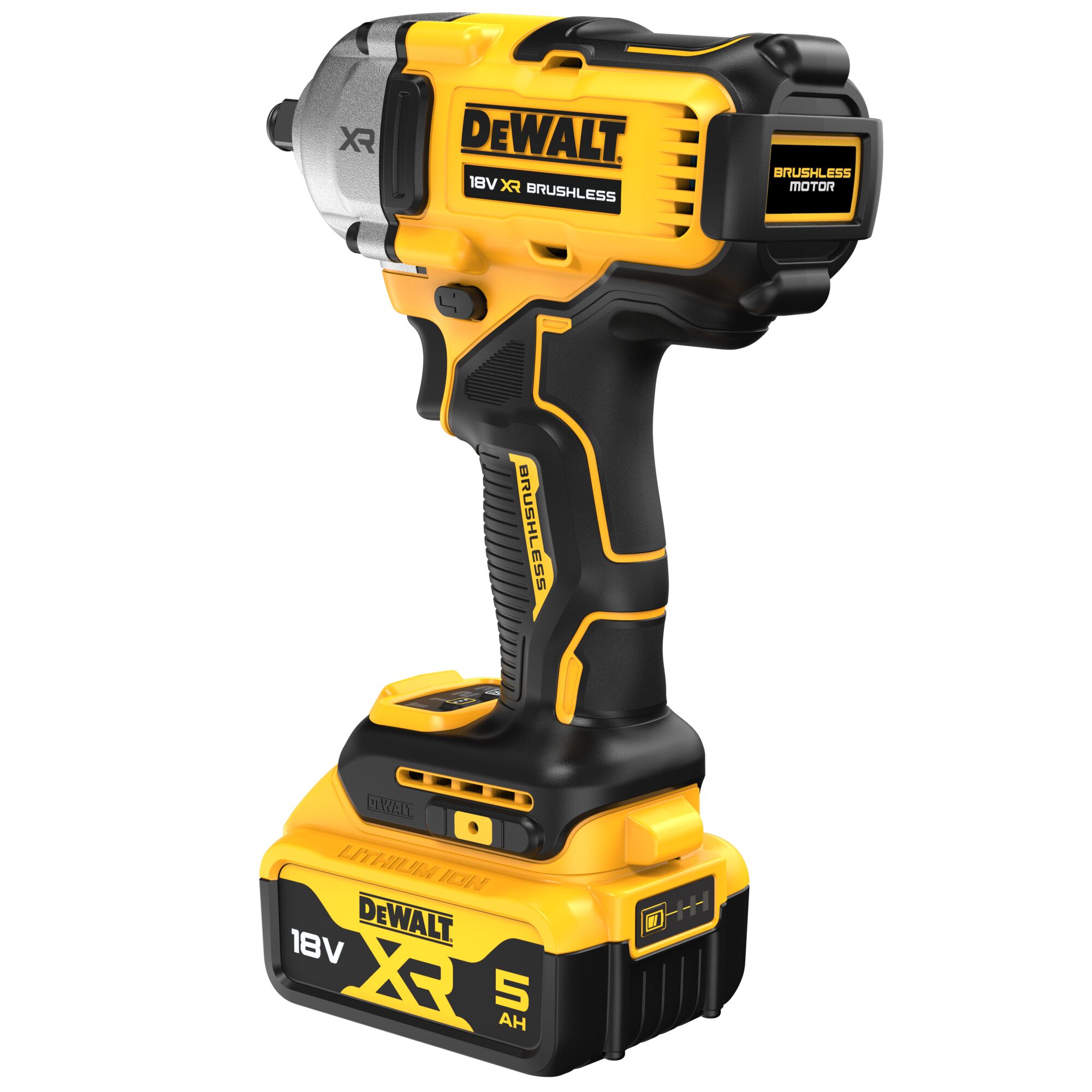 A DEWALT 18V XR Brushless cordless impact wrench with a yellow and black design, featuring a brushless motor and a detachable battery pack labeled 5AH.