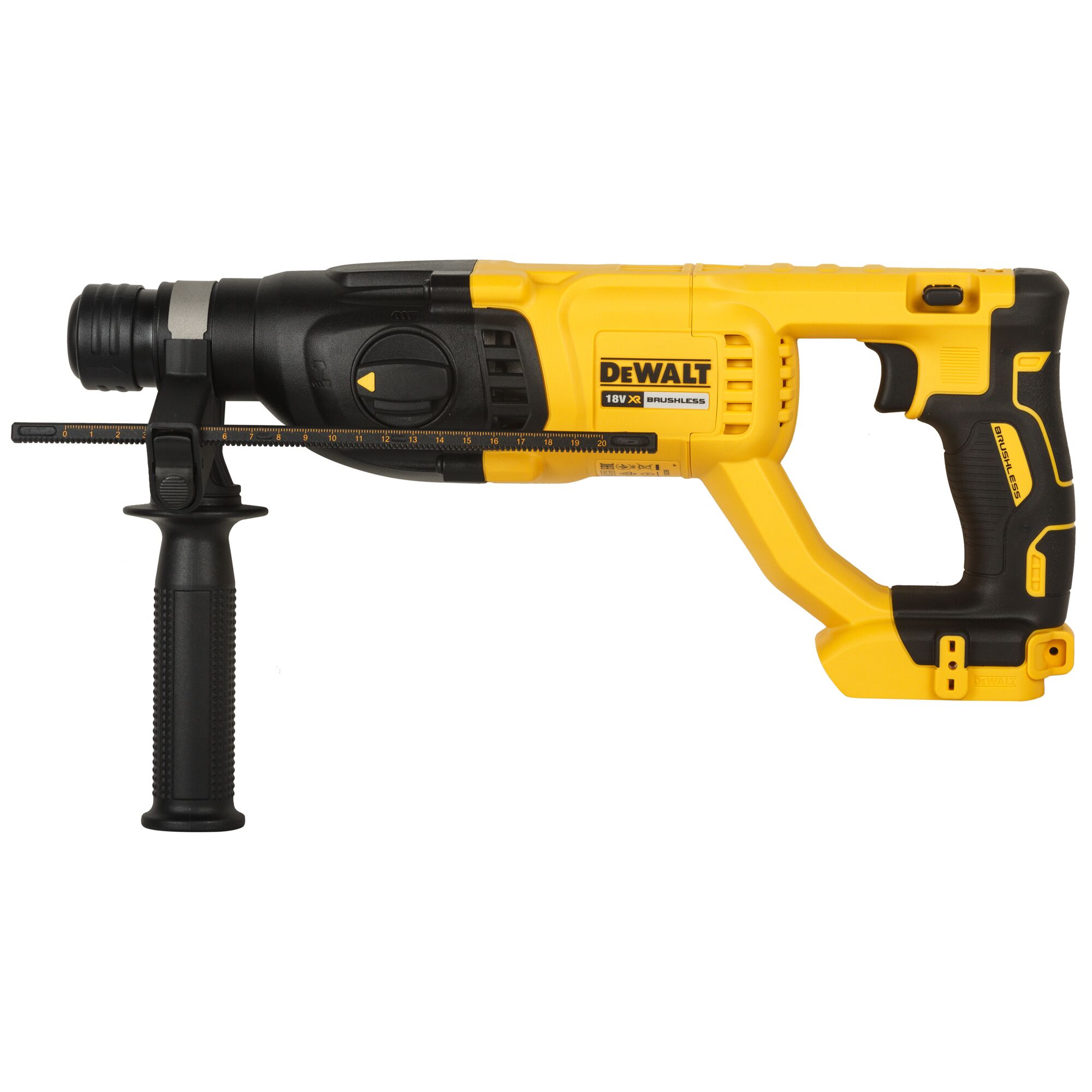 A DEWALT DCH133NT-XJ cordless rotary hammer drill, featuring a yellow and black design with a side handle and depth gauge.
