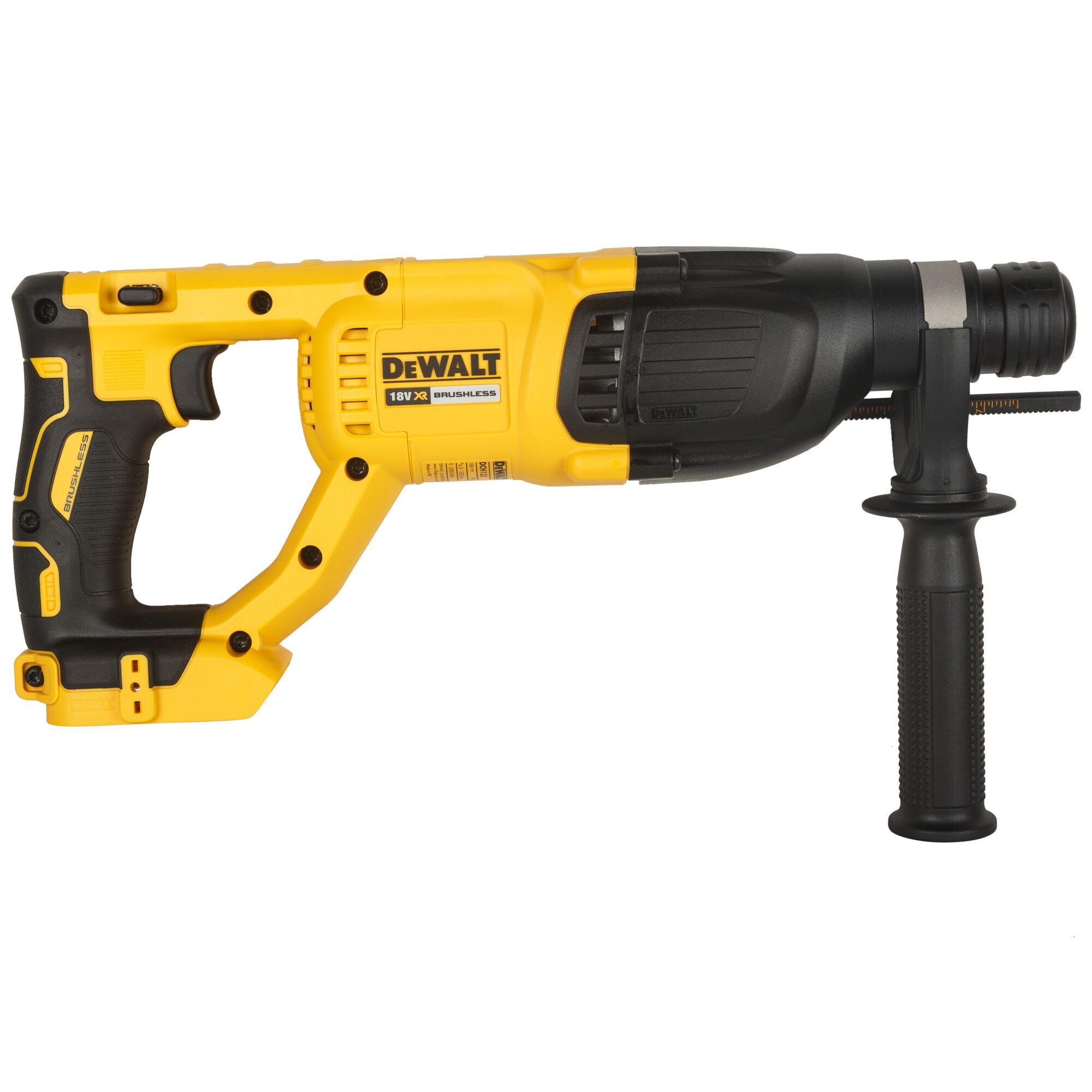 A DEWALT 18V XR brushless rotary hammer drill with a yellow and black design, featuring a side handle for enhanced grip.