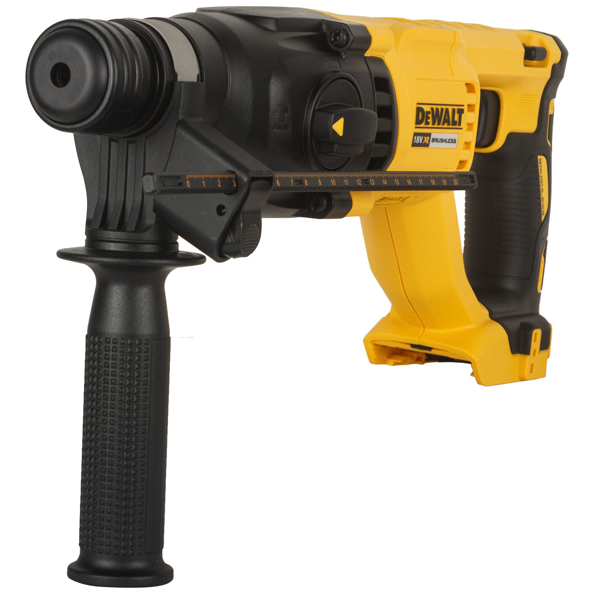 A DEWALT 18V XR cordless brushless rotary hammer drill with a side handle, shown in yellow and black color.