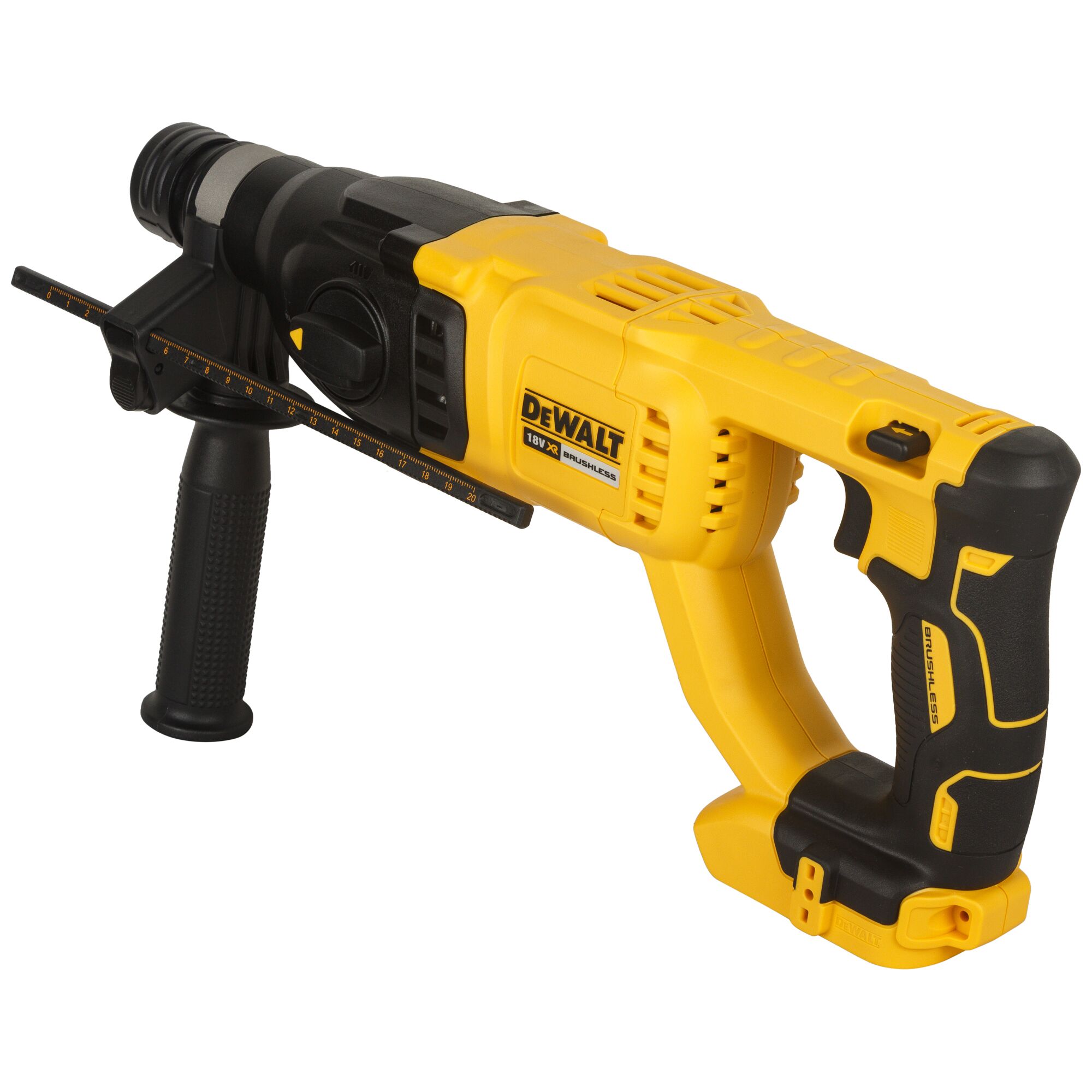 A DEWALT cordless rotary hammer drill, yellow and black in color, designed for heavy-duty drilling tasks, shown with a side handle and depth gauge.