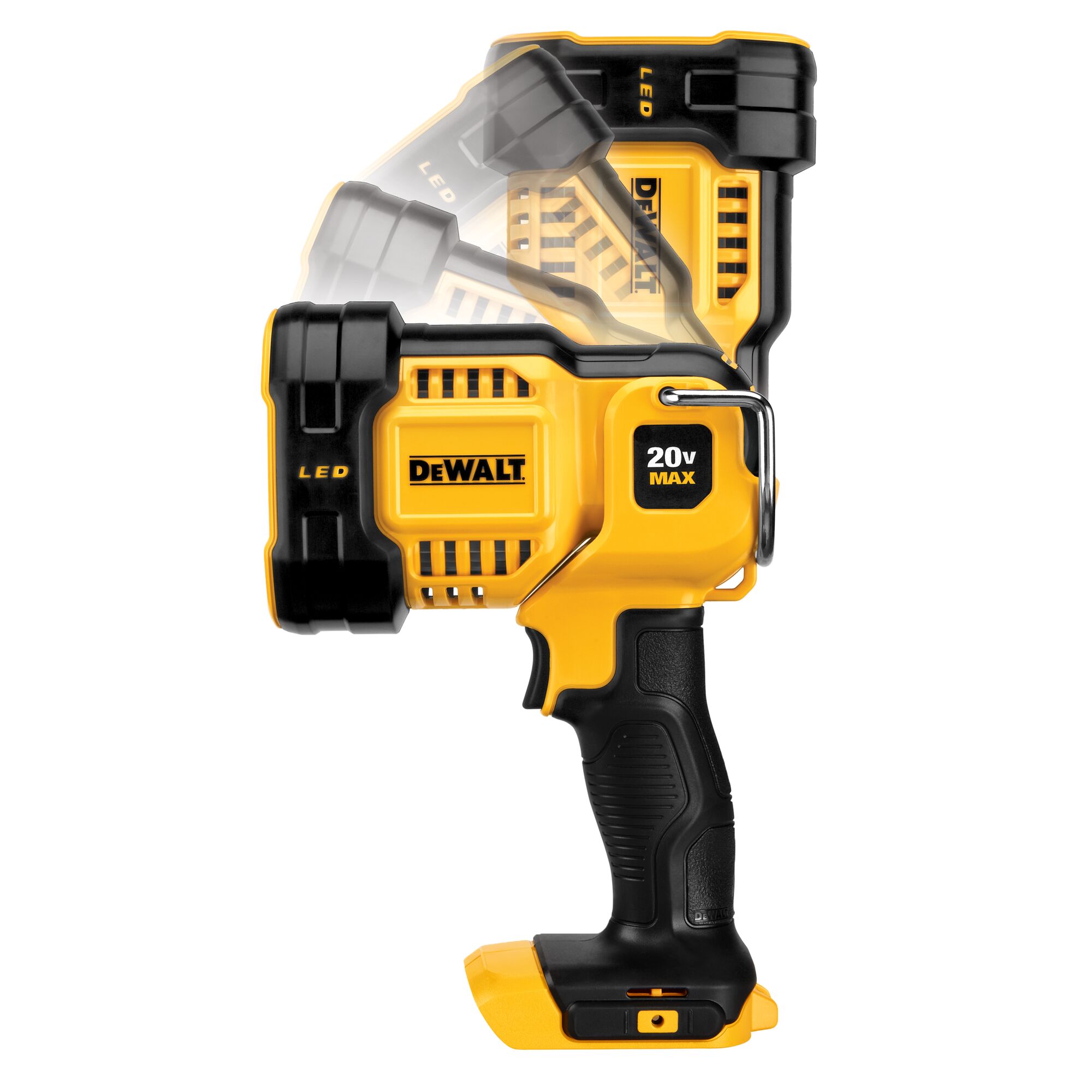 A DEWALT 20V MAX yellow and black handheld LED spotlight, model DCL043, showing its adjustable head feature in multiple positions.