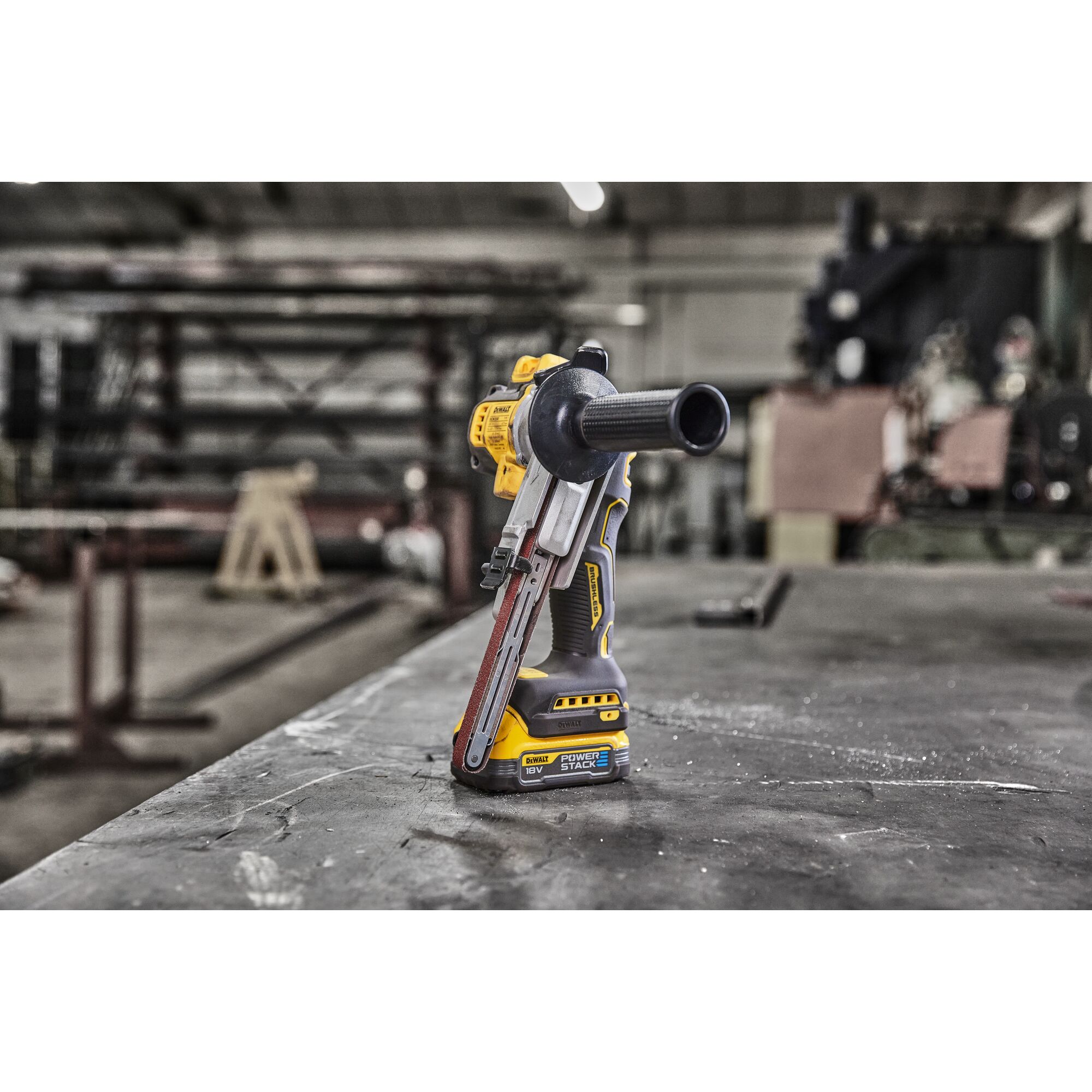 18V XR Band File, with Powerstack battery,  placed on top of  a metal fabricator's work top