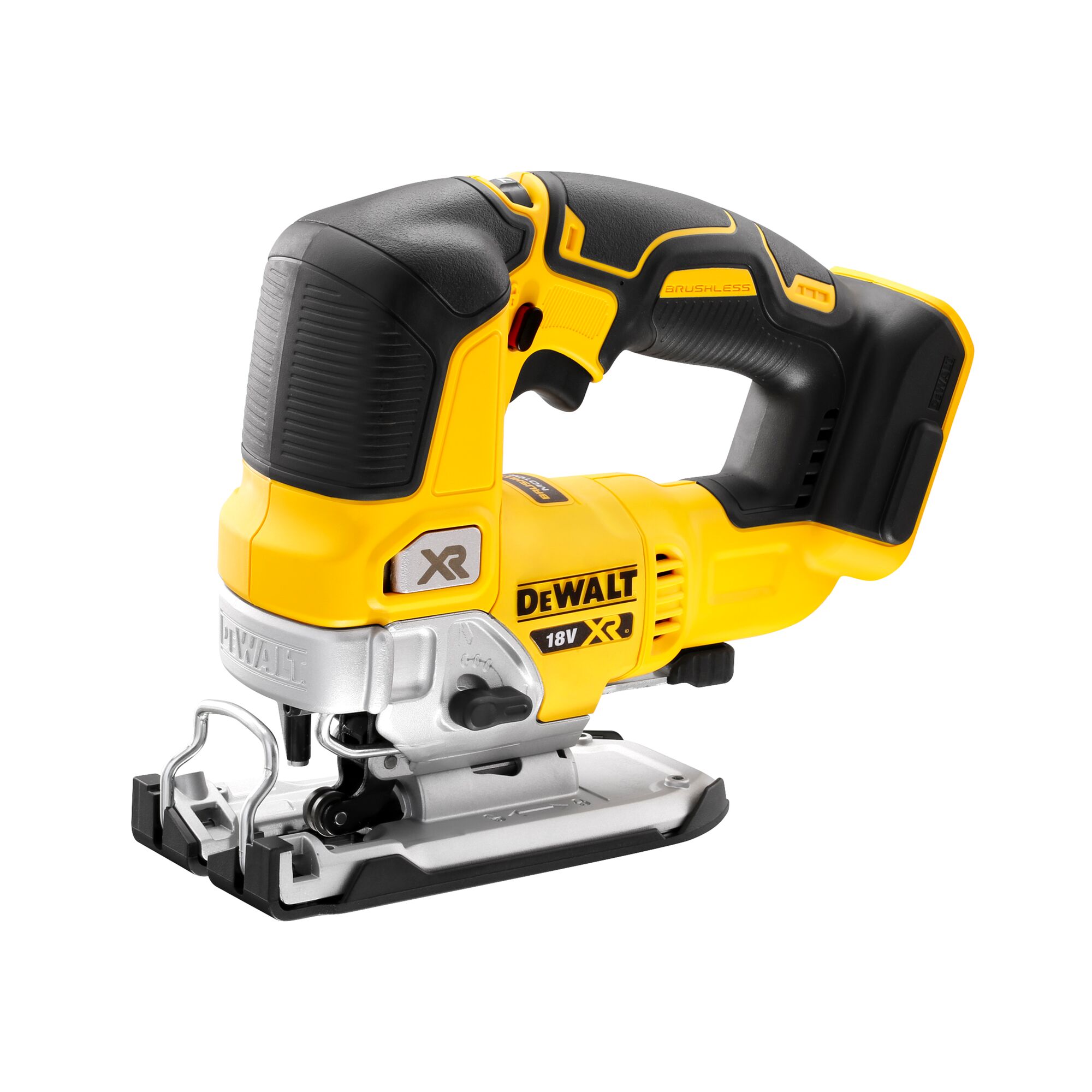 Cordless DEWALT 18V XR jigsaw with a brushless motor, yellow and black, ergonomic handle, and metal base. Suitable for precision wood and metal cutting.