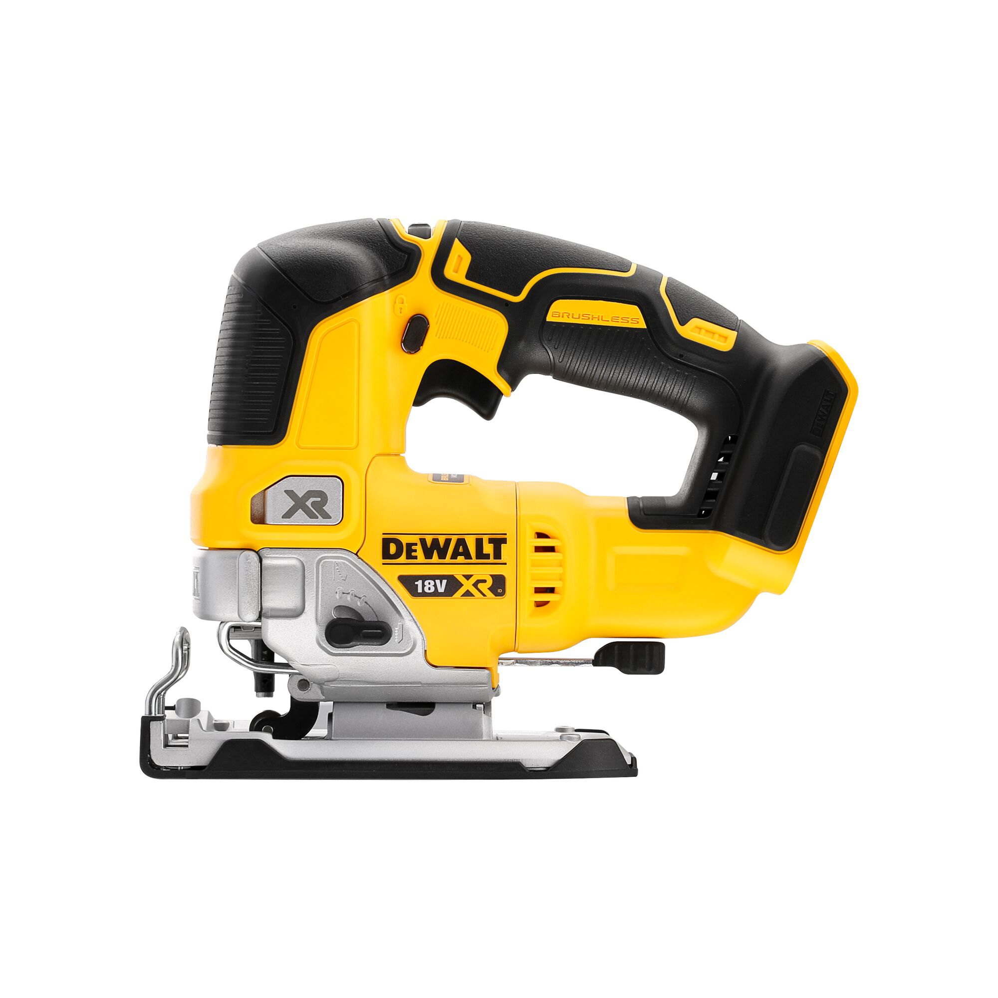 A DEWALT 18V XR cordless jigsaw with a yellow and black design, featuring an ergonomic handle and a brushless motor, shown on a white background.