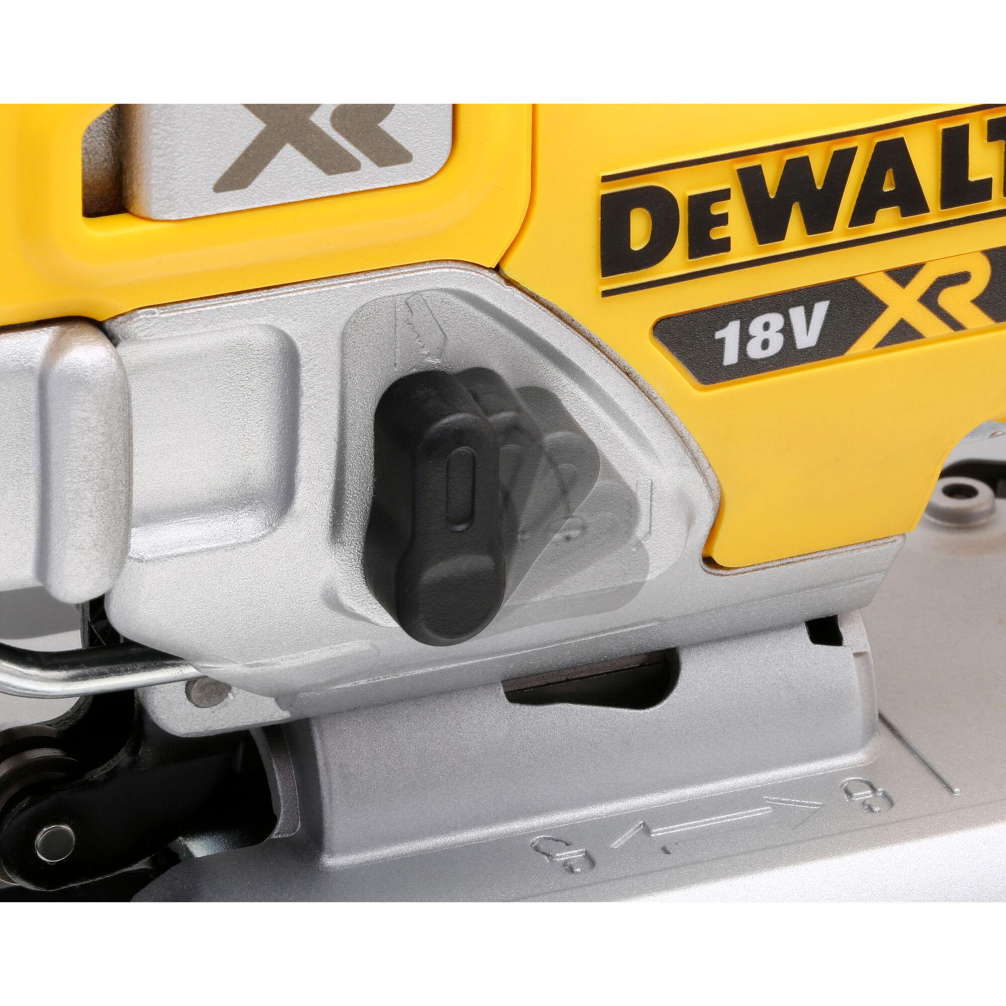 Close-up view of a DEWALT 18V XR power tool, showing a yellow and silver body with a black adjustment knob and part of the DEWALT branding.