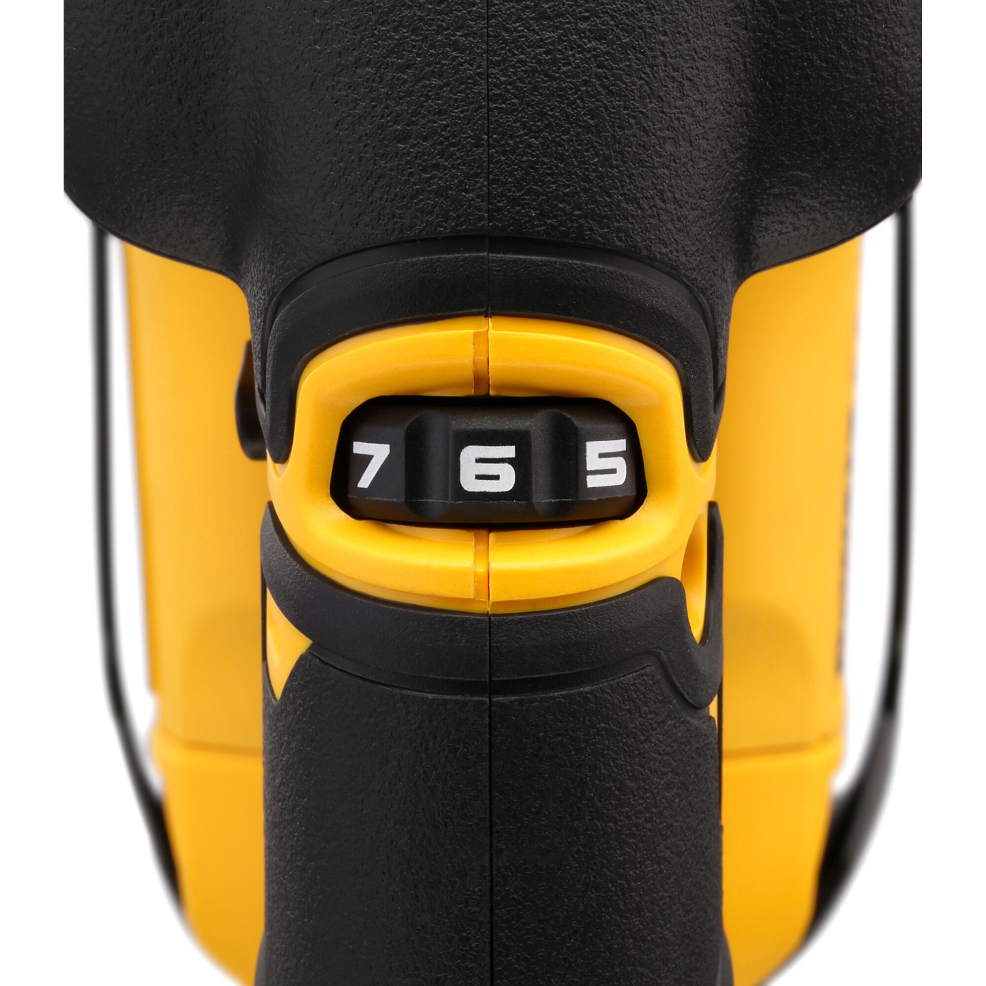 Close-up view of a DEWALT power tool speed control dial showing the numbers 5, 6, and 7 in white on black, with yellow and black casing.