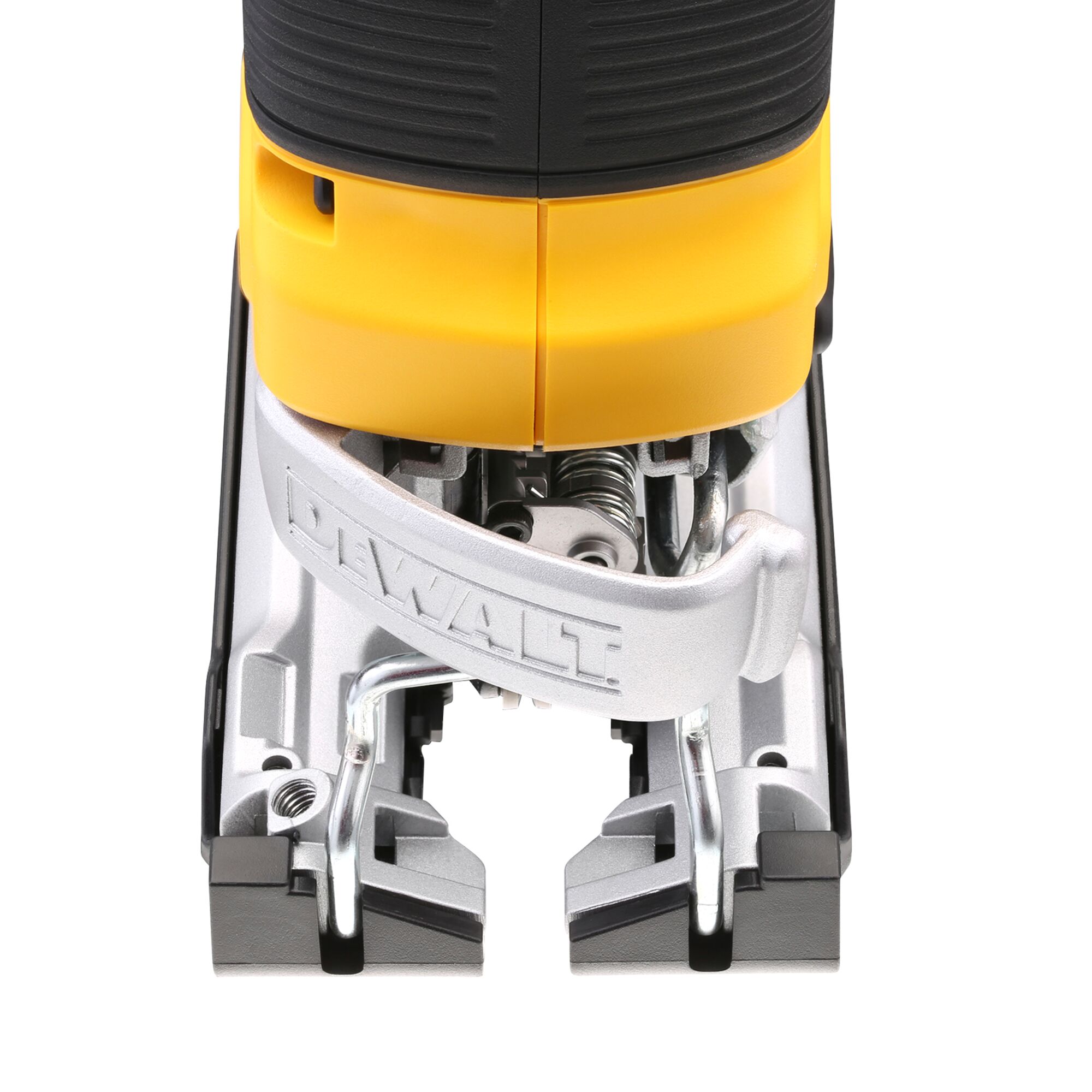 Close-up view of the base of a DEWALT jigsaw, showing the metal footplate and part of the yellow and black body.