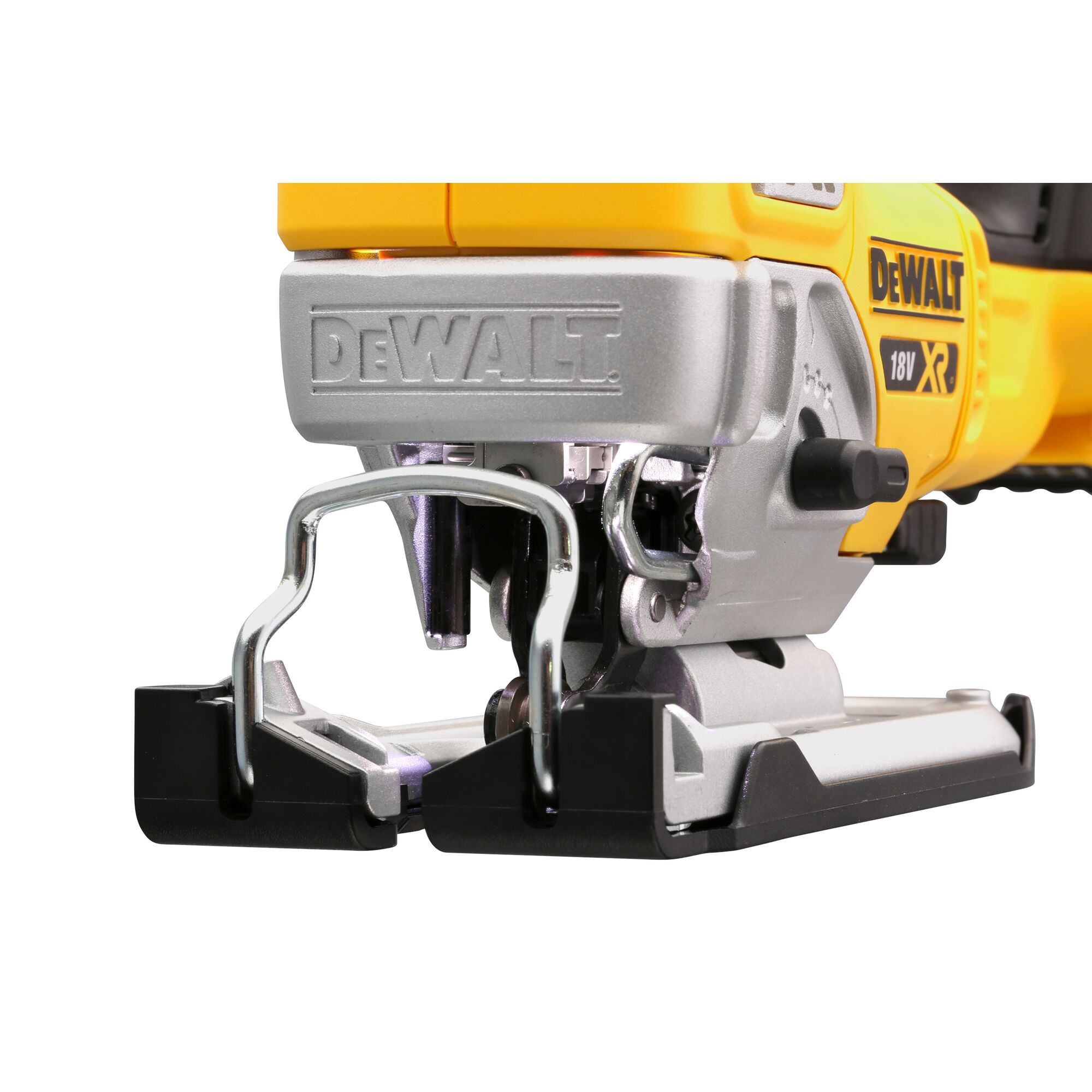 Close-up image of a DEWALT cordless jigsaw, model DCS334N, showing the front metal guard, blade, and part of the yellow and silver body.