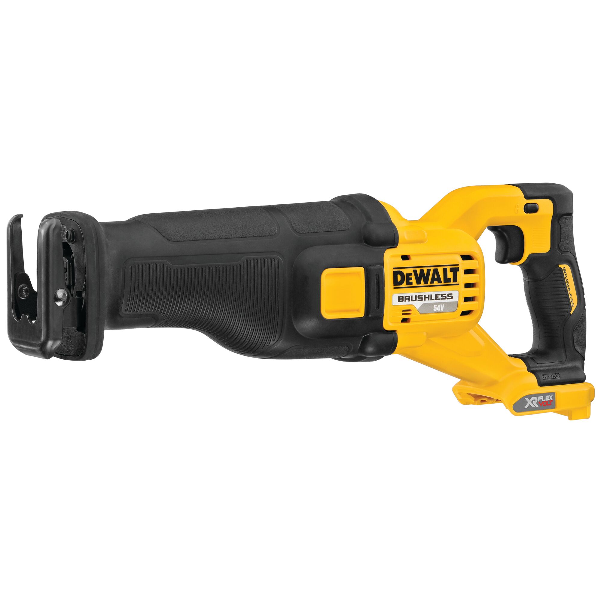 DEWALT DCS389NT cordless reciprocating saw, yellow and black, with XR FLEXVOLT brushless motor.