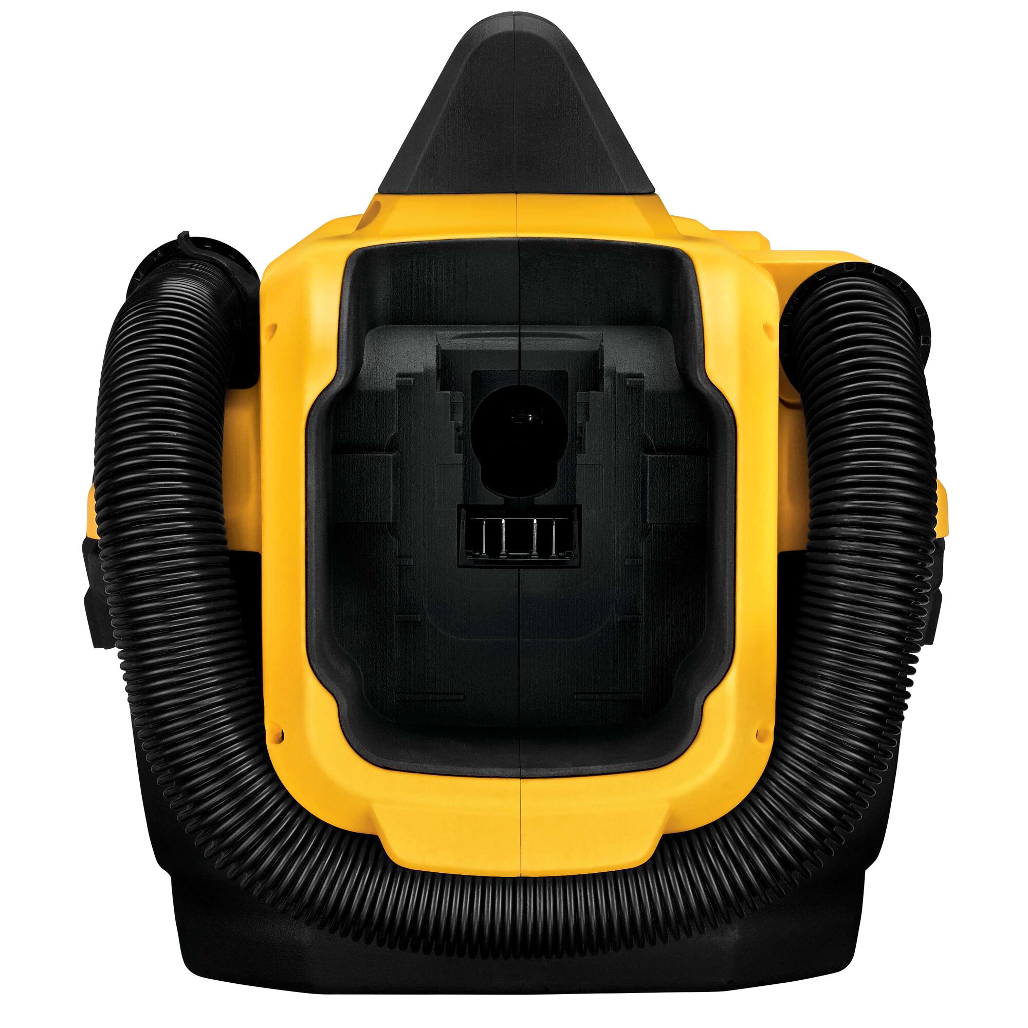 Front view of a DEWALT DCV580 portable wet/dry vacuum cleaner with a yellow and black design, featuring a coiled hose attached to the sides.