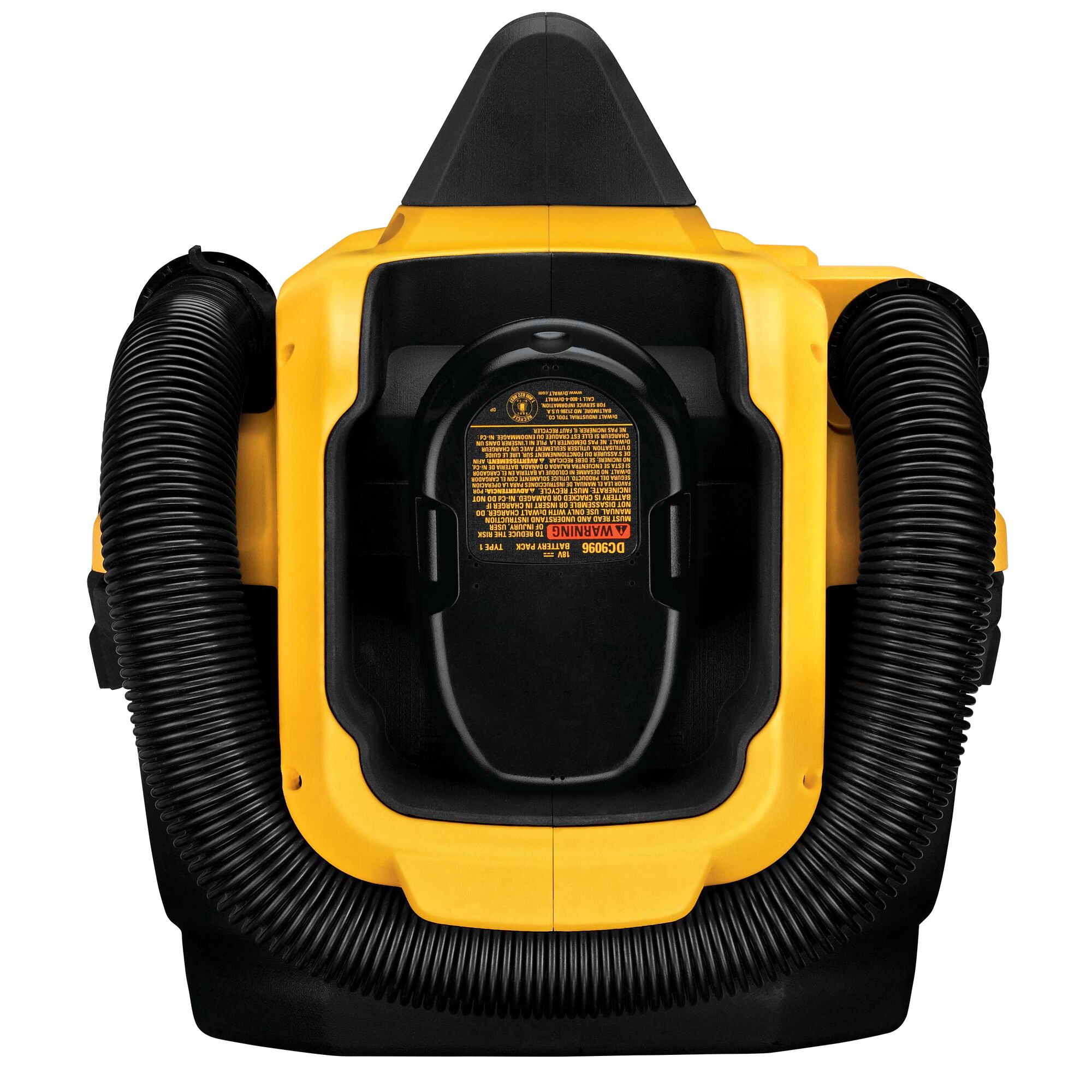 Front view of a DEWALT DCV580 portable wet/dry vacuum, featuring a yellow and black casing, flexible hoses on both sides, and a central compartment with warning label.