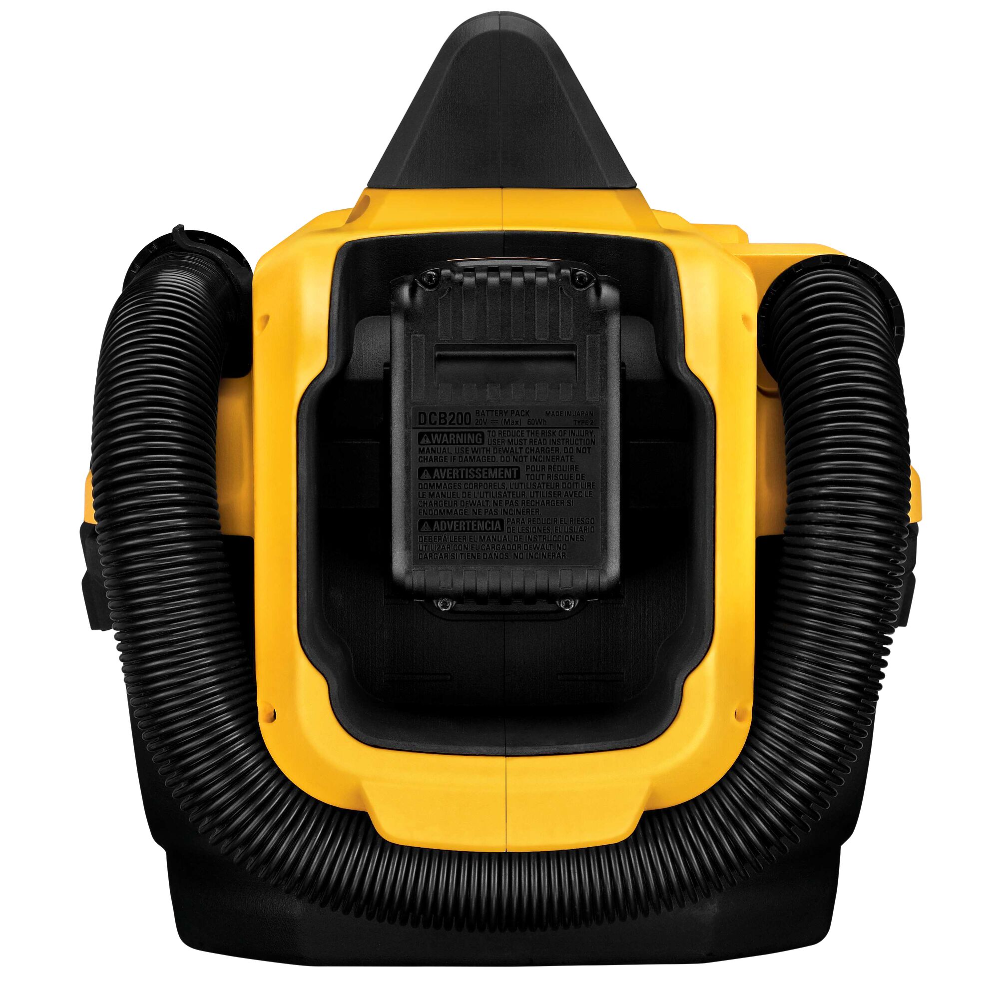 Front view of a yellow and black DEWALT DCV580 portable wet/dry vacuum with a battery pack attached and two flexible hoses coiled on both sides.