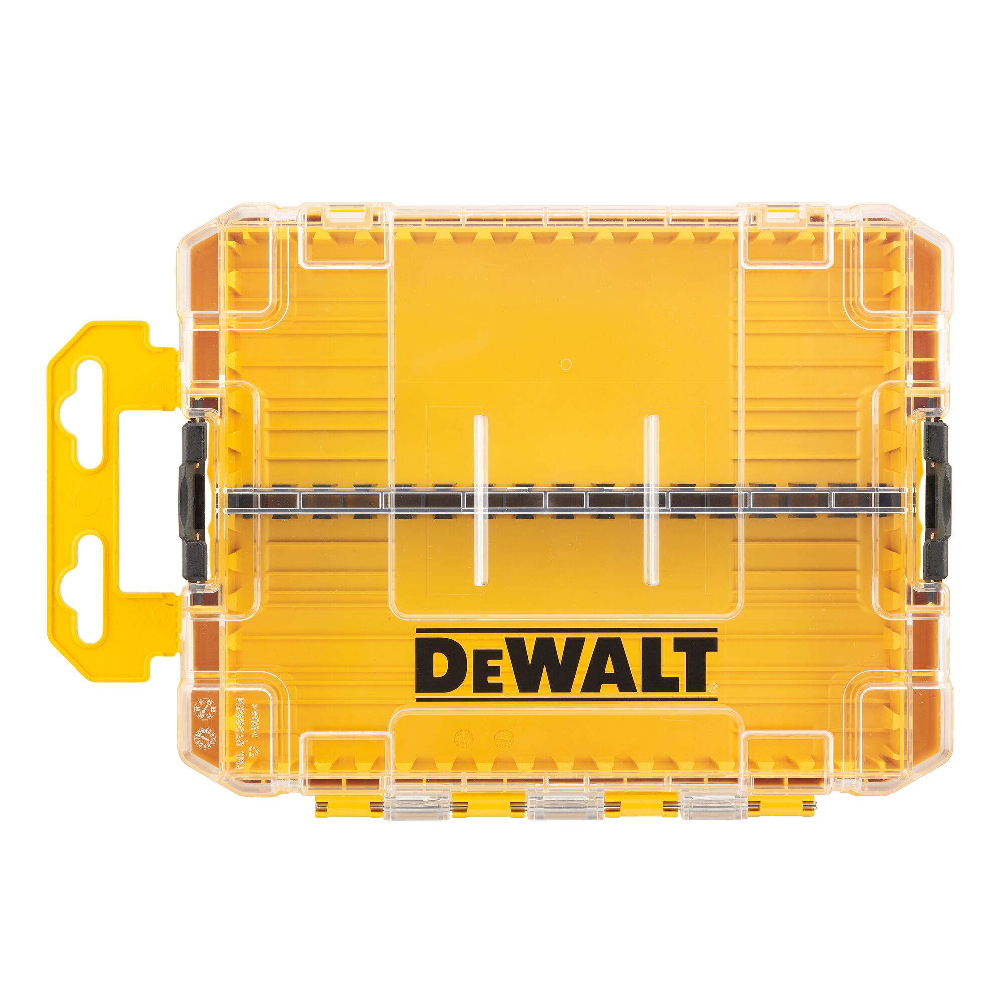 A DEWALT DT70802 yellow and transparent plastic storage case, viewed from above, used for organizing tools or small accessories.