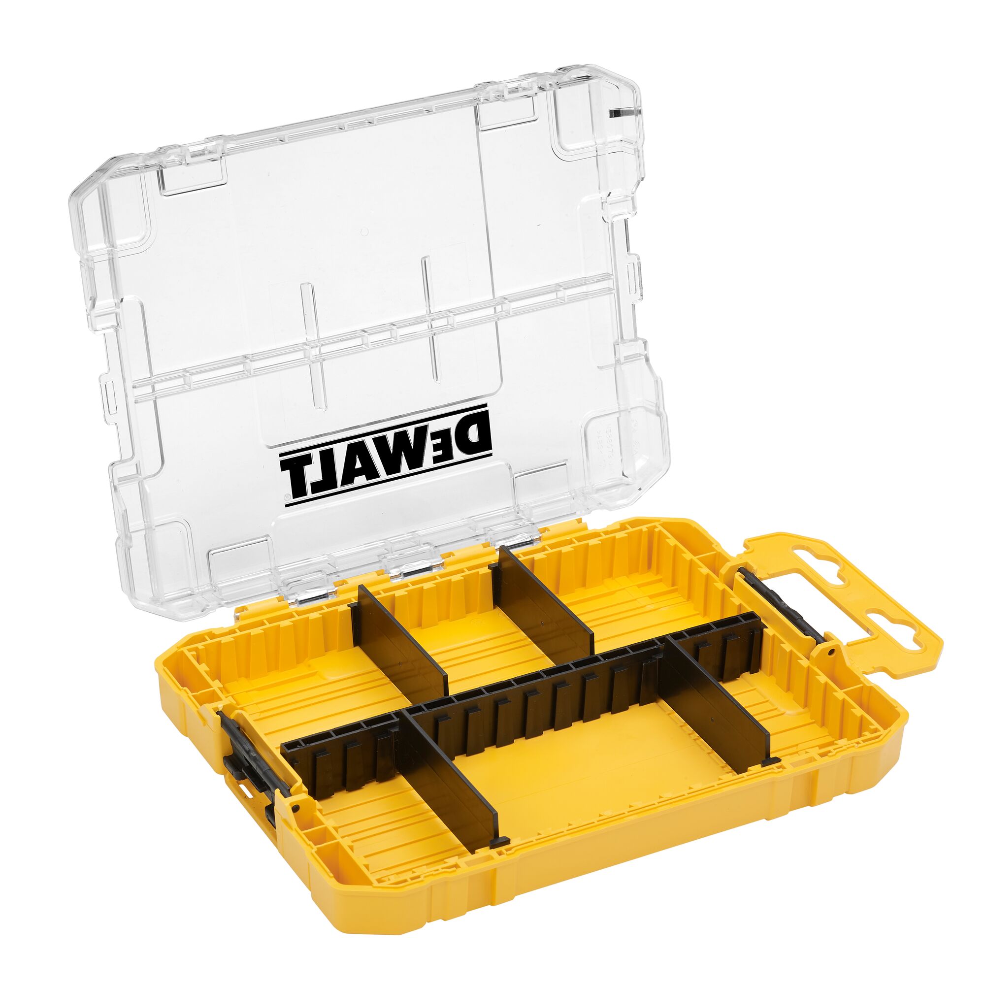 An open yellow DEWALT plastic organizer box with a transparent lid and adjustable black dividers for separating compartments.