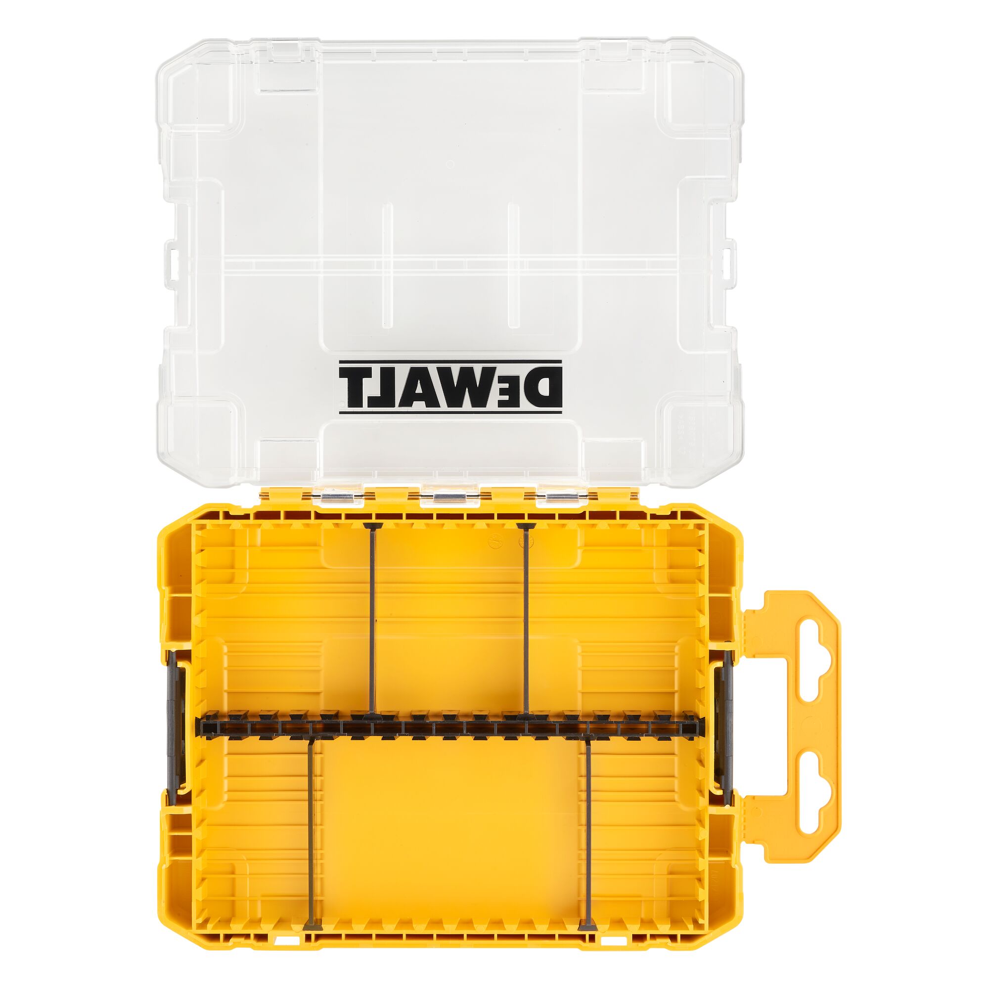 An open DEWALT-branded yellow and transparent plastic storage case with rectangular compartments and dividers, shown from above.