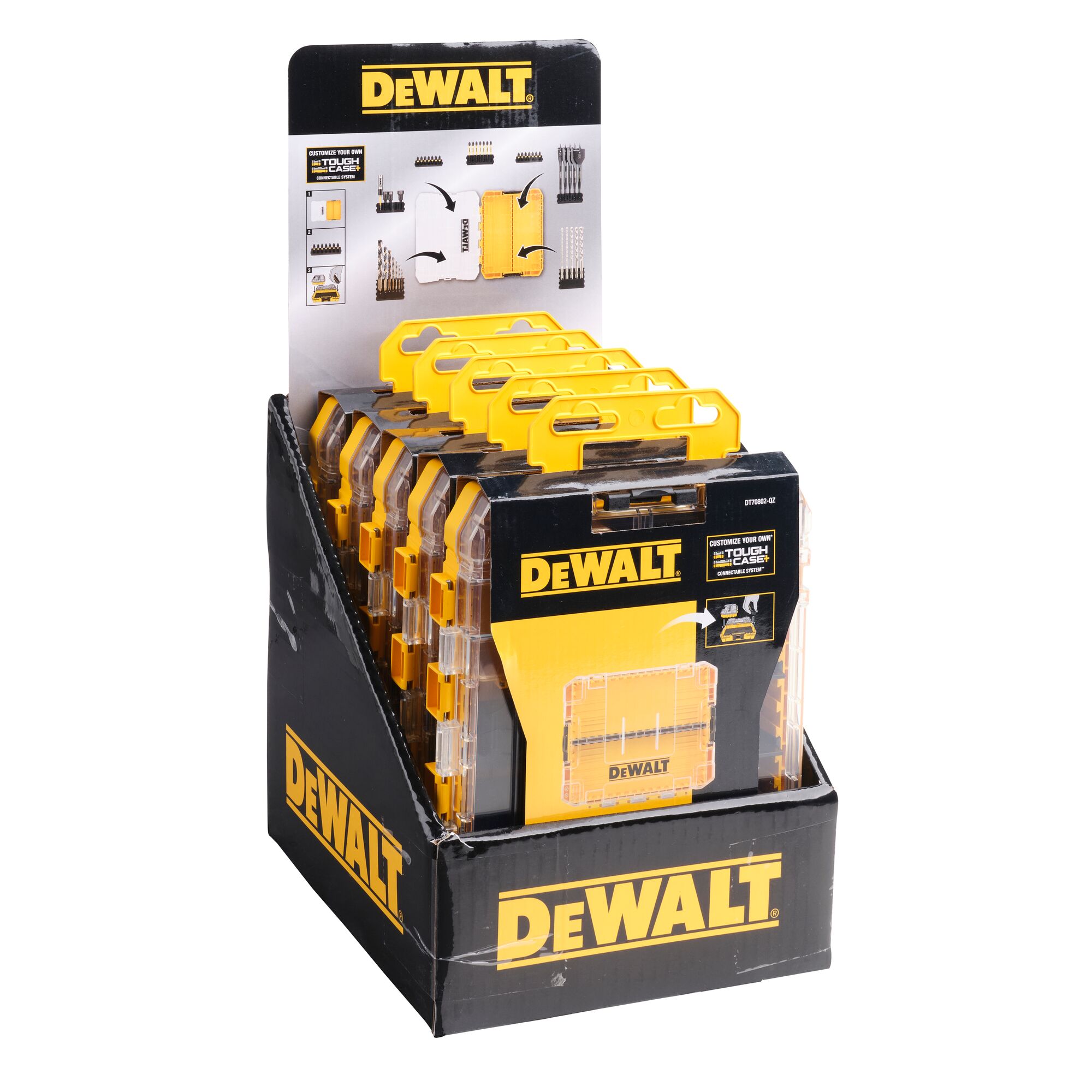 Display box containing multiple DEWALT Tough Case tool bit sets in yellow and black packaging.