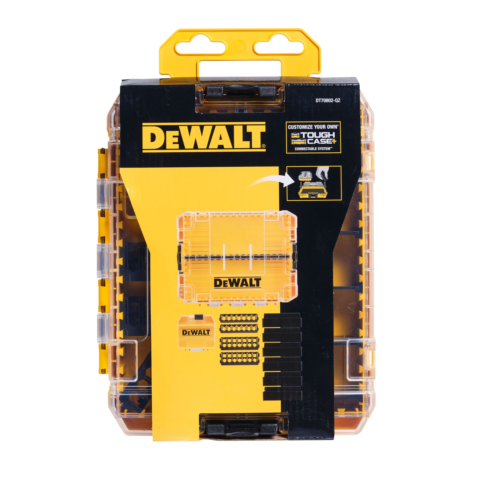 Front view of a DEWALT DT70802 Tough Case, a yellow and black storage box designed for organizing and carrying tool accessories, featuring clear sides and secure clasps.