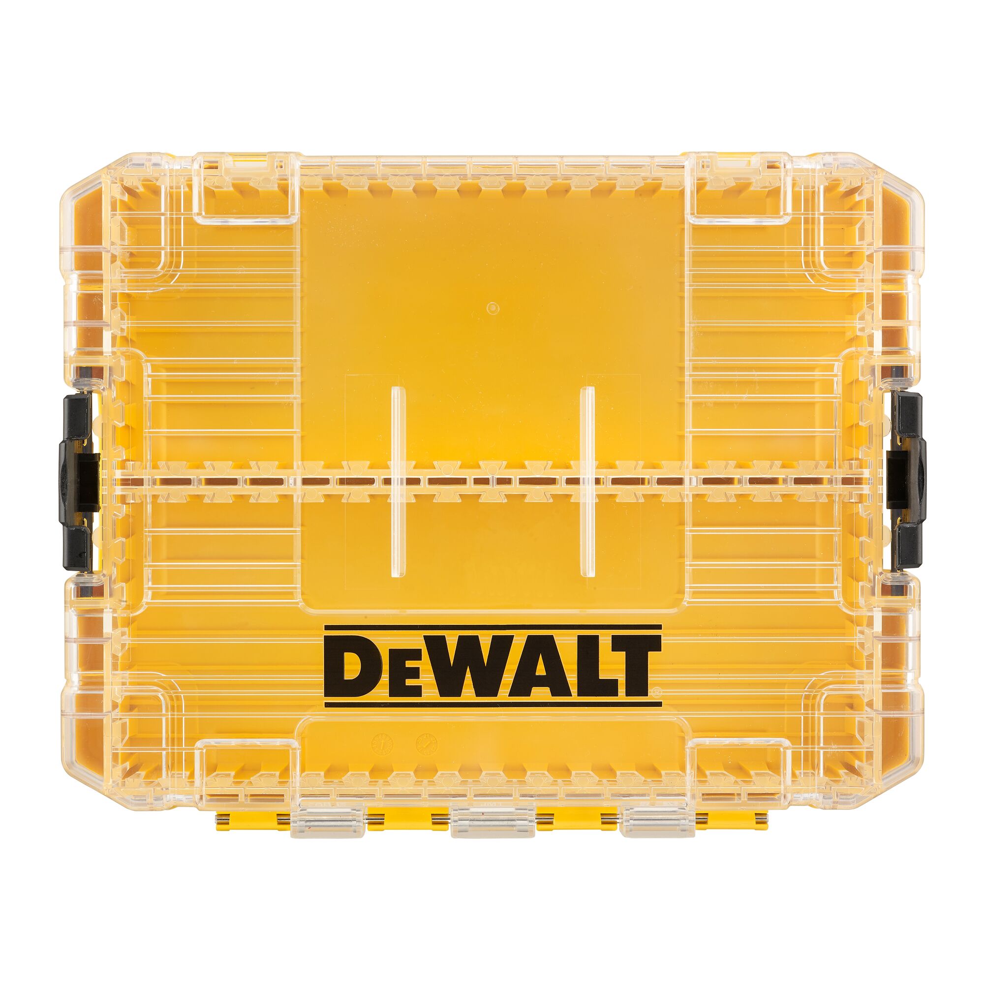A transparent plastic storage box with yellow accents and the DEWALT logo on the front.