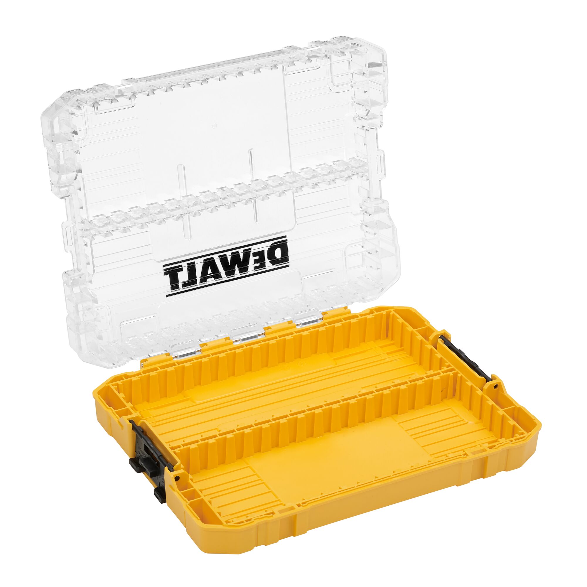 An open DEWALT storage box with a clear plastic lid and a yellow base, designed for organizing small tools or accessories.