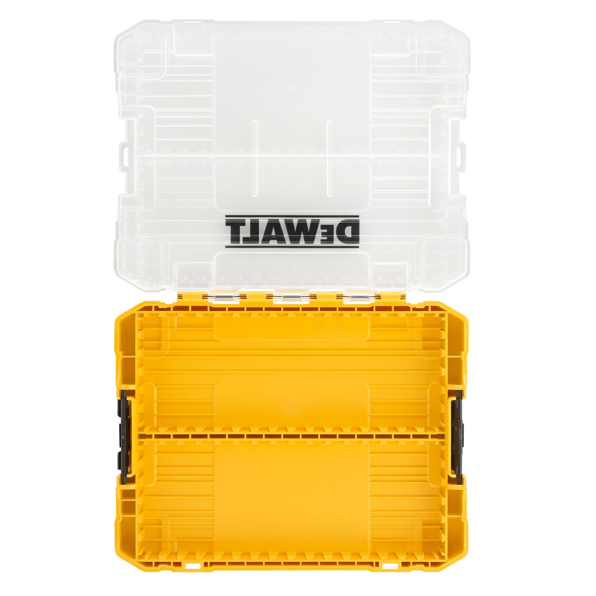 An open DEWALT plastic storage box with a transparent lid and yellow base, shown from above.