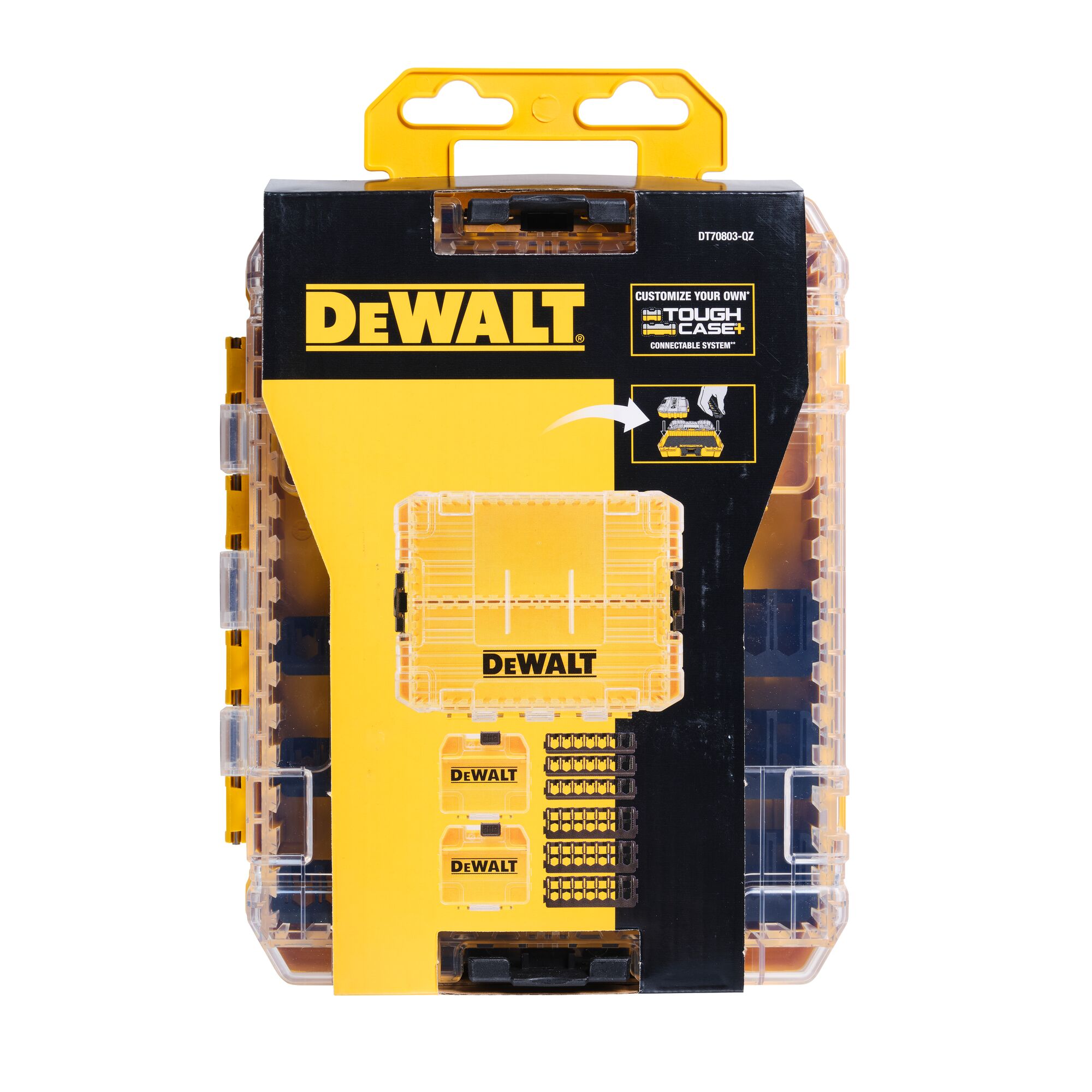 Front view of a DEWALT DT70803 ToughCase container, yellow and black, designed for organizing and storing drill bits or accessories. The packaging shows the DEWALT logo and a diagram on how the container can be customized and used with other ToughCase units.