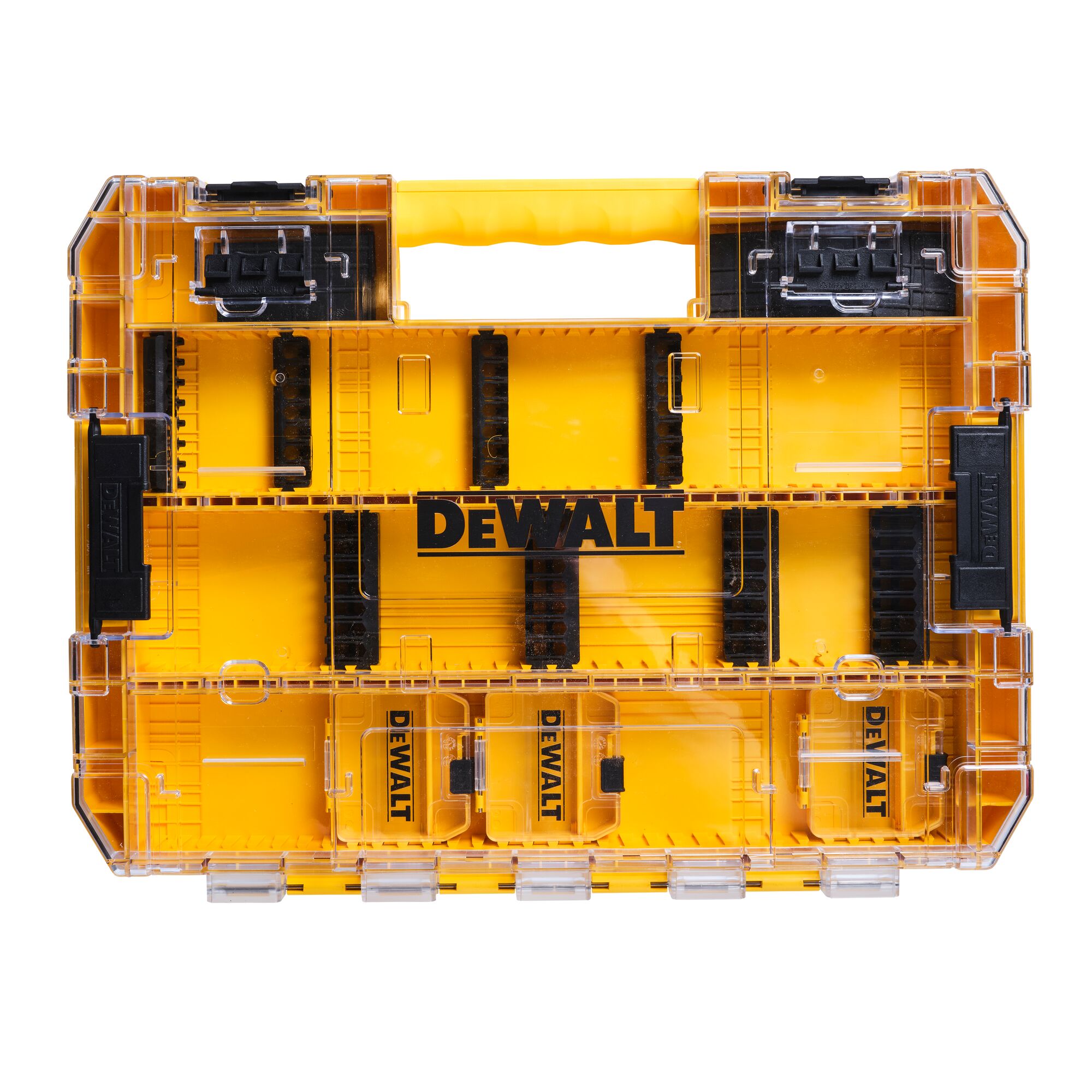 A Dewalt yellow and black plastic organizer case with a transparent lid, suitable for storing small tools or accessories. The case has divided compartments and a carry handle at the top.