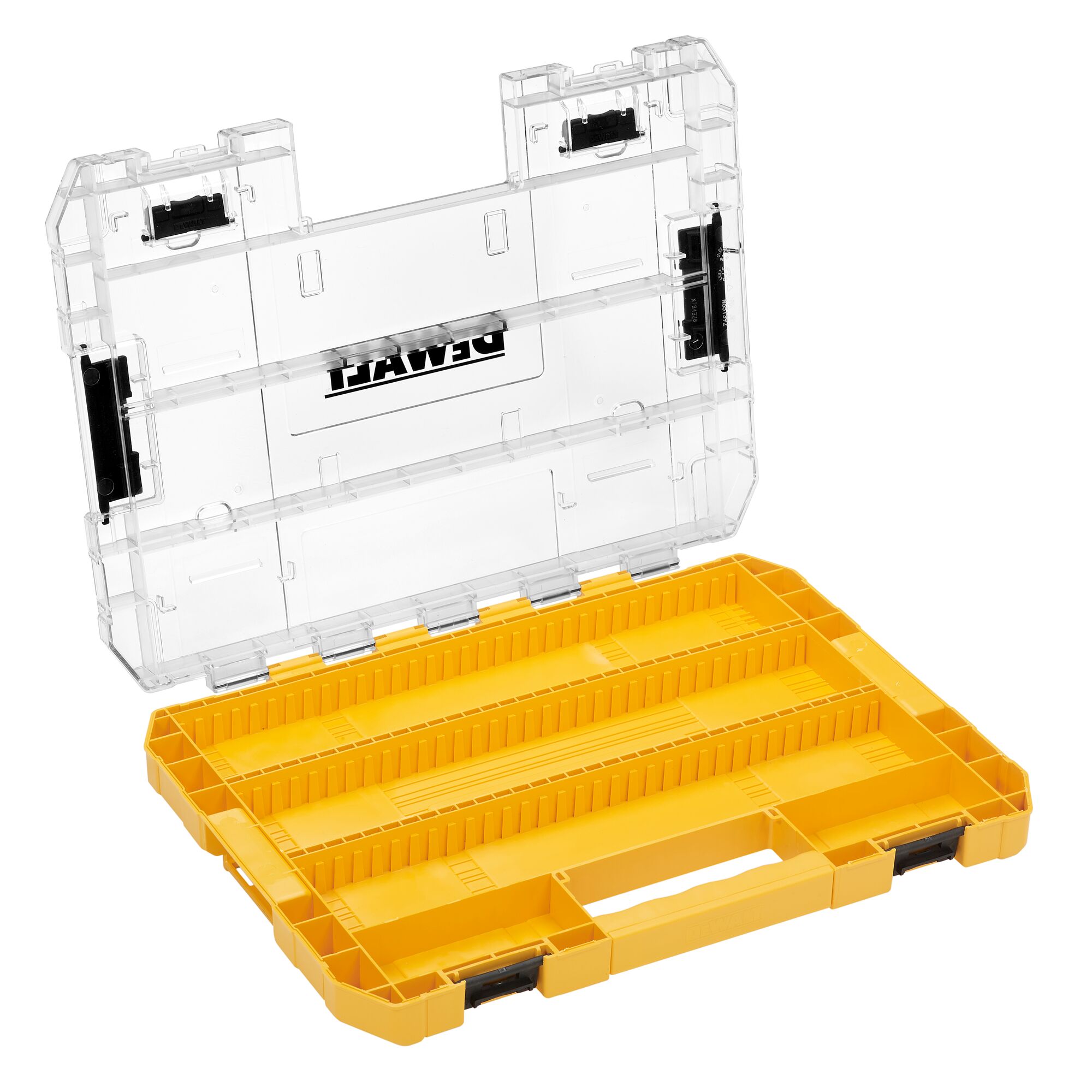 A yellow DEWALT plastic storage organizer case with multiple compartments and a clear hinged lid, shown open and empty.