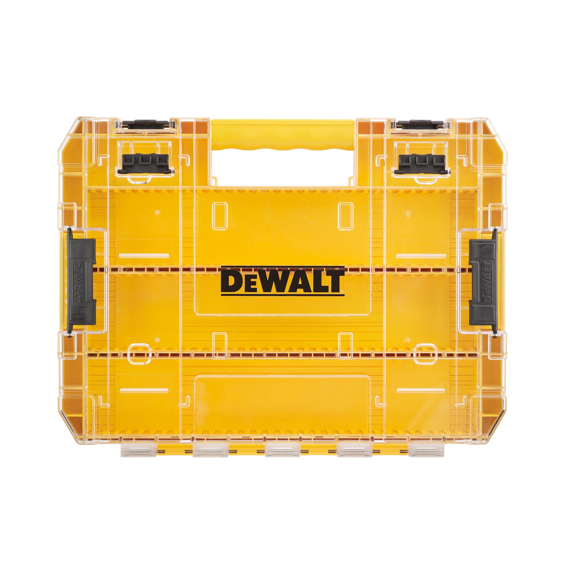 A yellow DEWALT plastic tool storage case with a transparent lid, black latches, and a yellow handle.